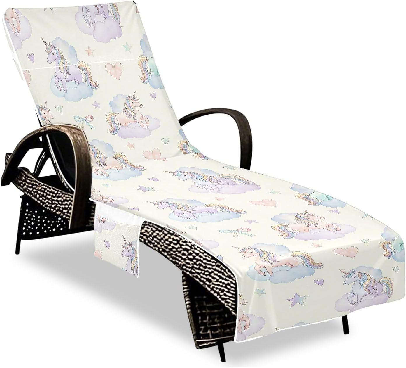 Cartoon Rainbow Horse Lounge Chair Towel Cover with Side Pockets – 85x30in Foldable Chaise Cover for Beach, Pool, Patio, Spa
