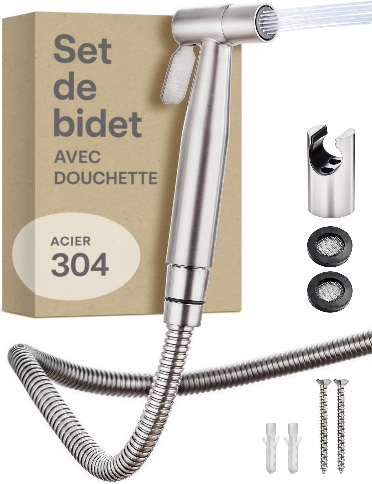 Douchette WC Hausharbor - Kit Complet Métal Brossé Argent - Hygiène