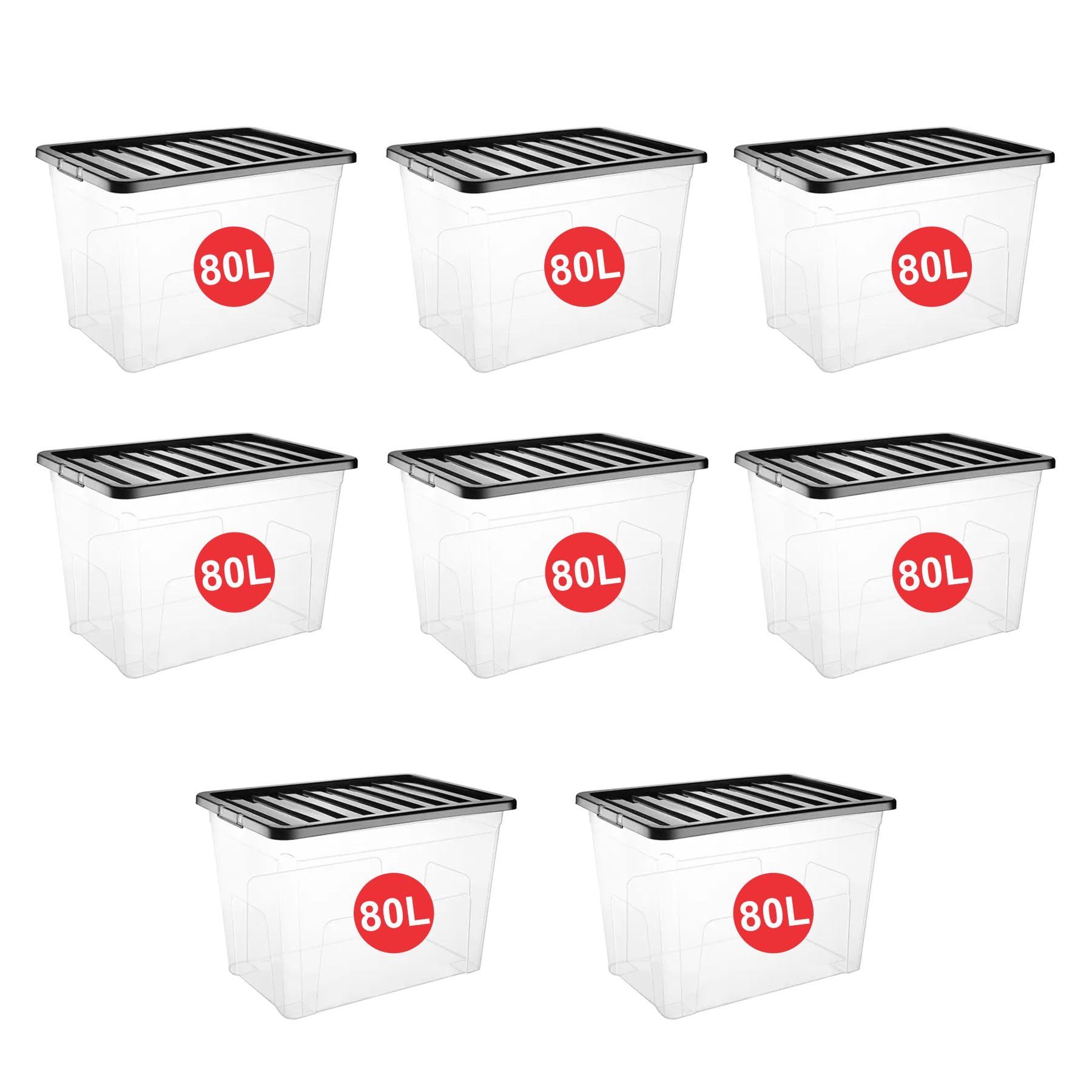 Relianceuk Black 8 X 80L Large Plastic Storage Box With Lid - Strong Stackable Storage Boxes 80 Litres - Home, Office, Kitchen, Nestable Storage Containers | Made In Uk (80 Litre / 8 Pack)