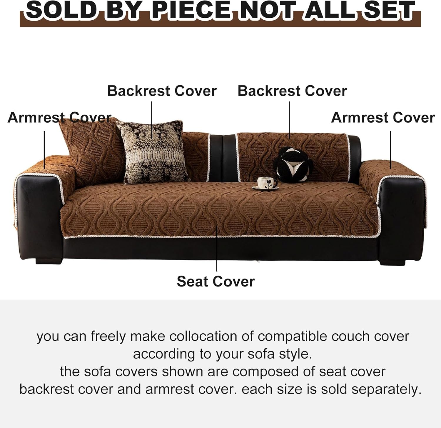 vctops Set of 2 Couch Armrest Cover Backrest Covers, Anti Slip Soft Fuzzy Sofa Covers, Washable Jacquard Furniture Protector Sofa Slipcover for Dogs Cats Pet (Coffee,28"x35")