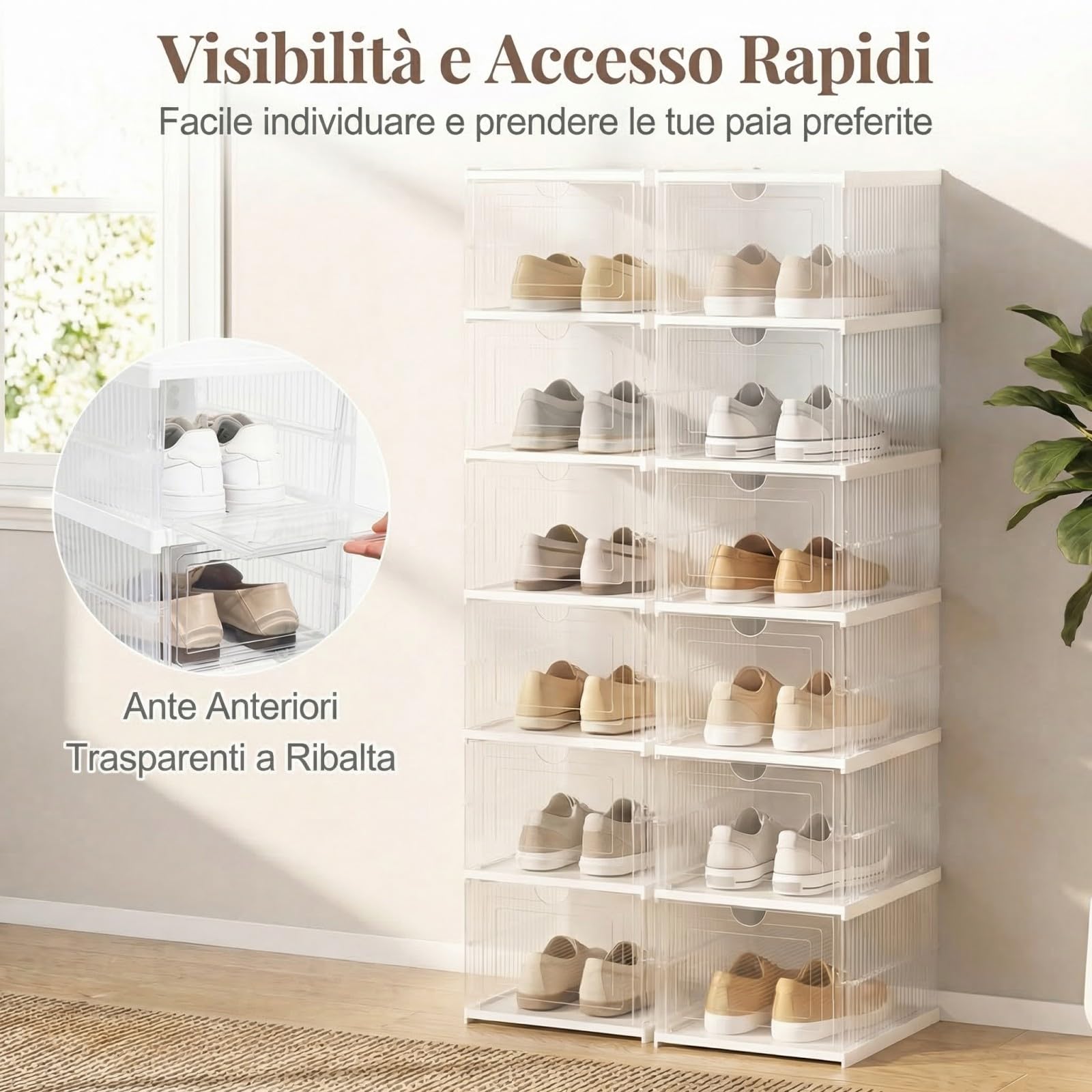 COSTWAY Scatole per Scarpe, Set di 2 Organizzatore per Scarpe a 6 Livelli, Scatole Pieghevoli in Plastica con Porta Frontale a Ribalta, Scarpiera Salvaspazio per Ingresso e Soggiorno