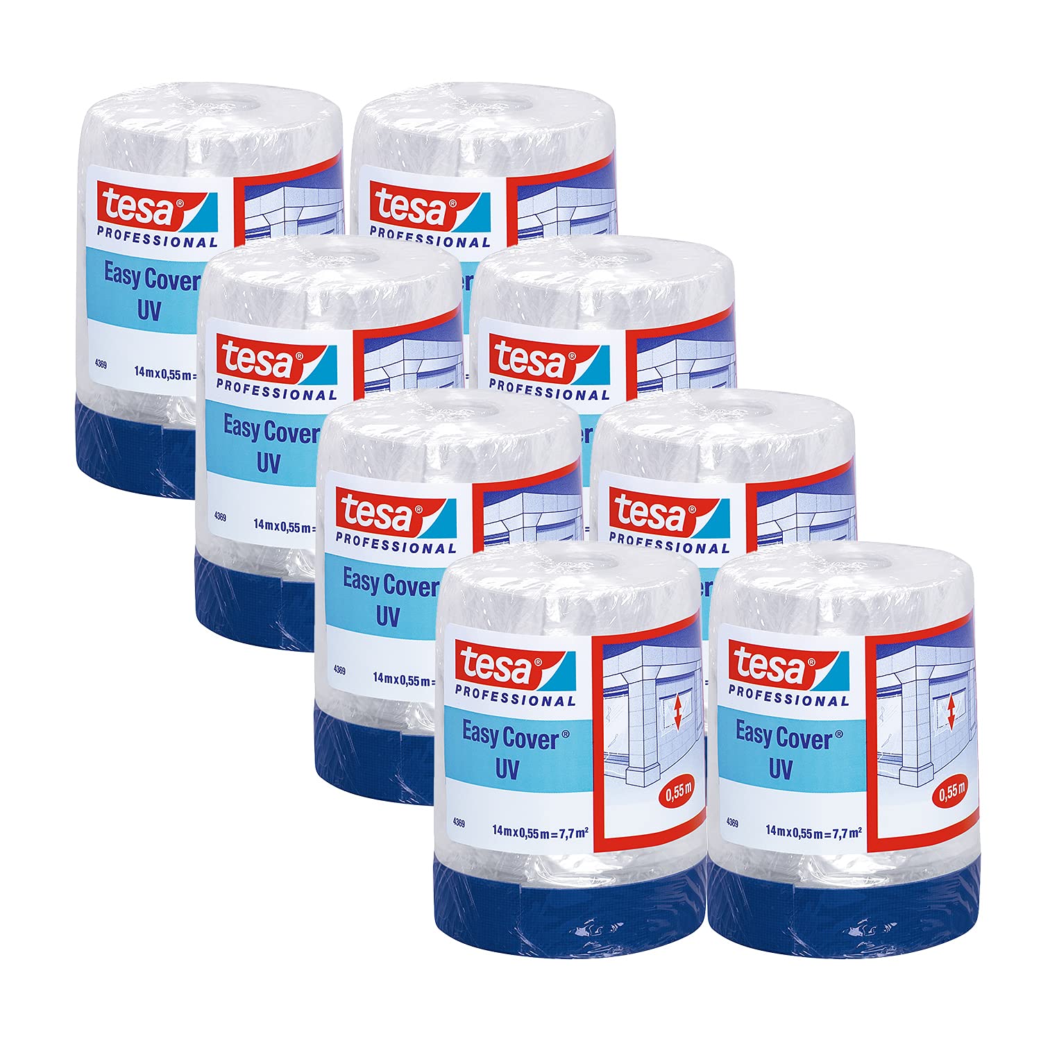tesa Easy Cover 4369 UV - 8er Pack - Malerfolie mit Gewebeband zum Abkleben und Abdecken im Außenbereich - 2-in-1 Abklebeband mit Folie - blau, matt - je 14 m x 0,55 m