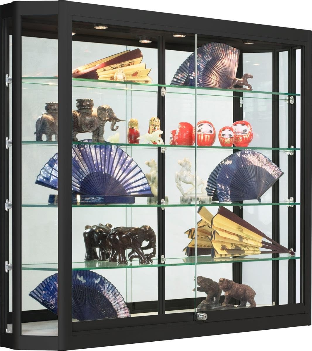 Displays2go LED Retail Case for Wall Mount, Tempered Glass Shelves, 3 LED Top Lights – Black (WC478LEDB)