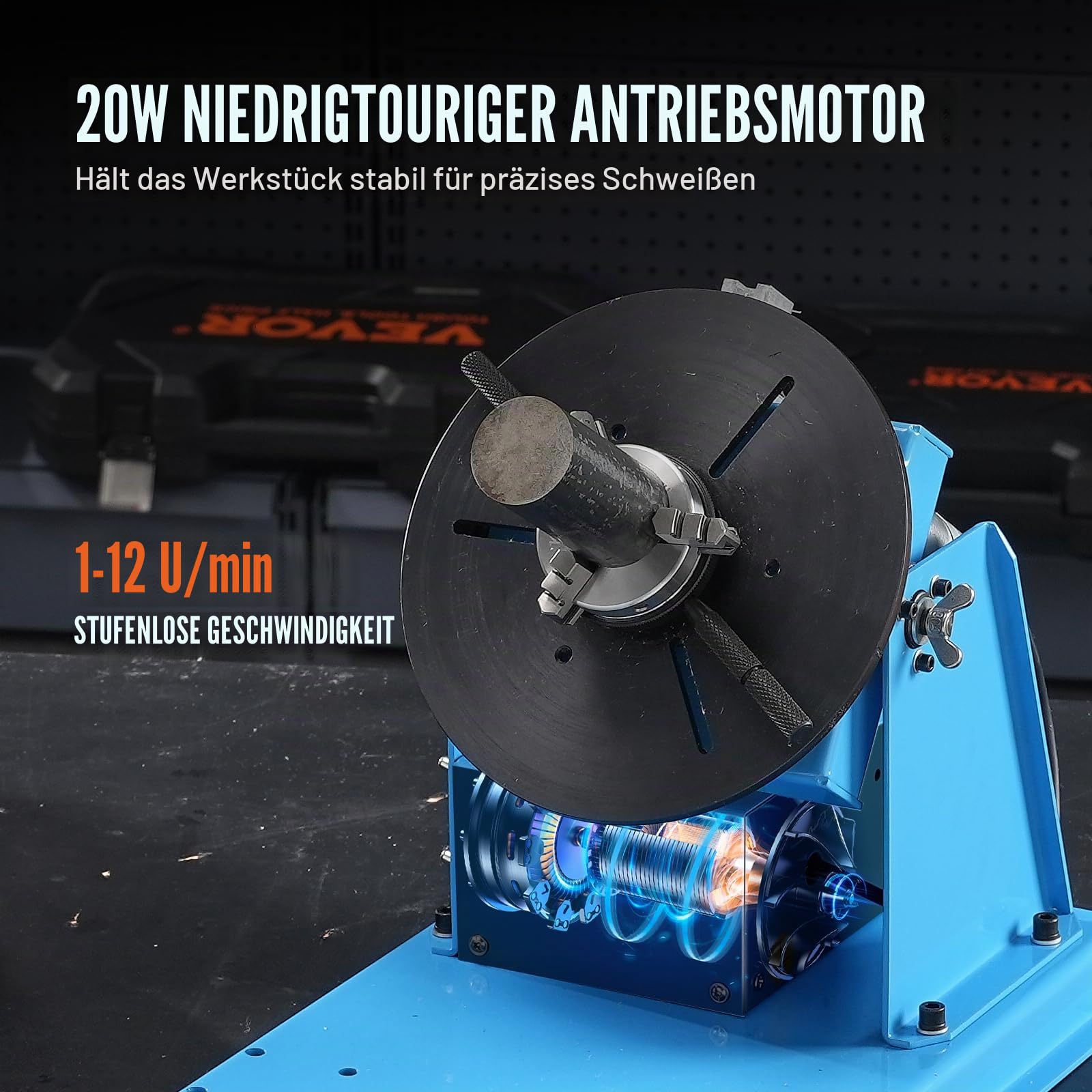 VEVOR Schweißdrehtisch 20 W Schweißpositionierer 1-12 U/min Manipulator 10 kg(Horizontal)/5 kg(vertikal) Drehtisch 0–90° Neigungswinkel K01-63 Dreibackenfutter zum Schneiden, Schleifen, Montieren
