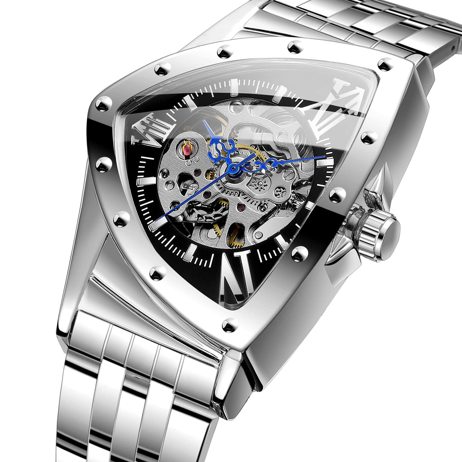 FORSINING Herren-Armbanduhr, 30 m, wasserdicht, Skelett, hohl, automatisch, schillernd, Retro, Dreieck, Armbanduhr