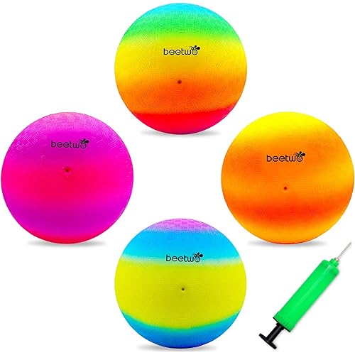 Four Square Balls, 8.5 Inch Playground Ball for Kids Outdoor Dodgeball Kickball Handball Game with Hand Pump