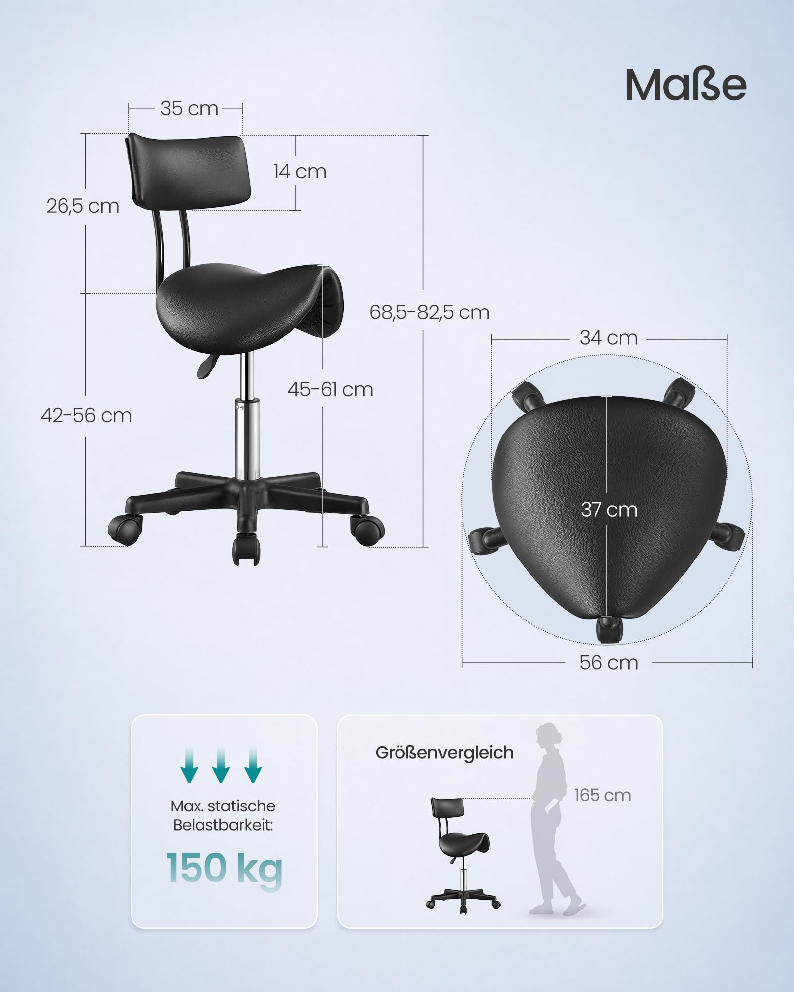 SONGMICS Sattelhocker ergonomisch, Rollhocker höhenverstellbar 360° drehbar, PU, mit Rückenlehne, tintenschwarz