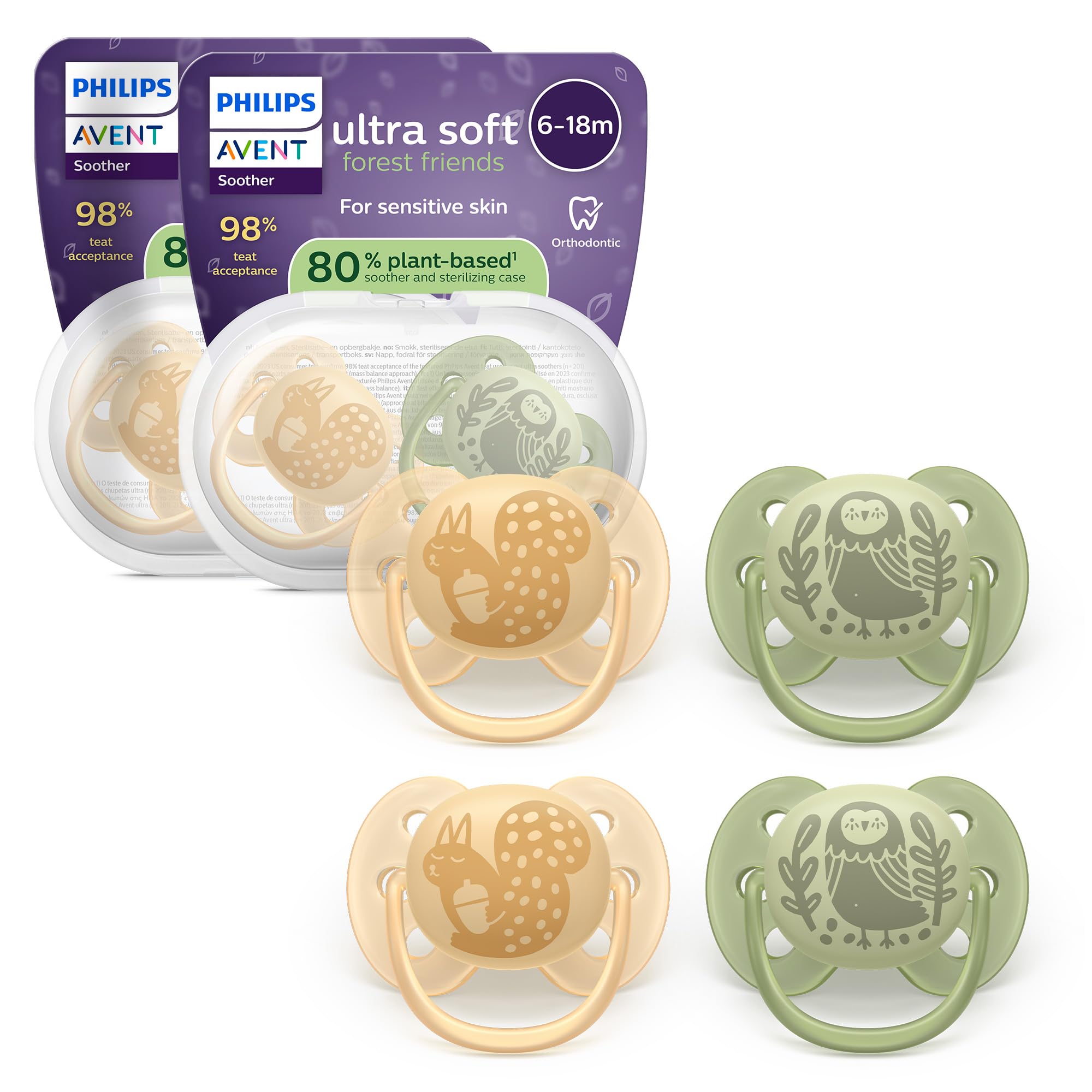 Philips Avent ultra soft Schnuller – kiefergerecht geformtes Design, für Babys, 6–18 Monate, flexibles Saugerschild, symmetrischer Silikonsauger, BPA-frei, 2 Sterilisationsbehälter, 4 Pack, SCF091/52