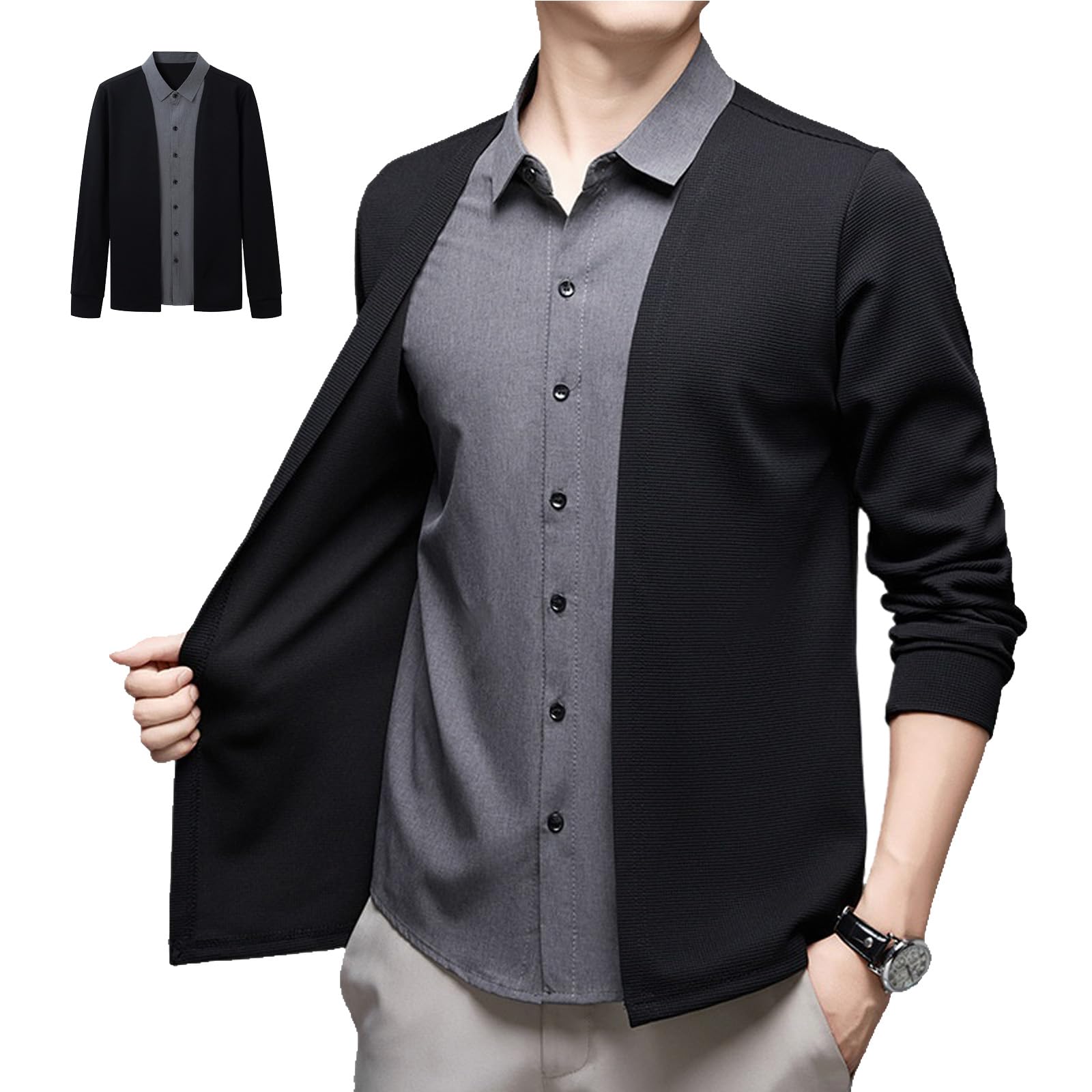Men's Fake Two Piece Shirt Collar Knitted Cardigan, Long Sleeve Slim Fit Button Down Business Casual Knit Cardigan Sweater Jacket (Black,M)