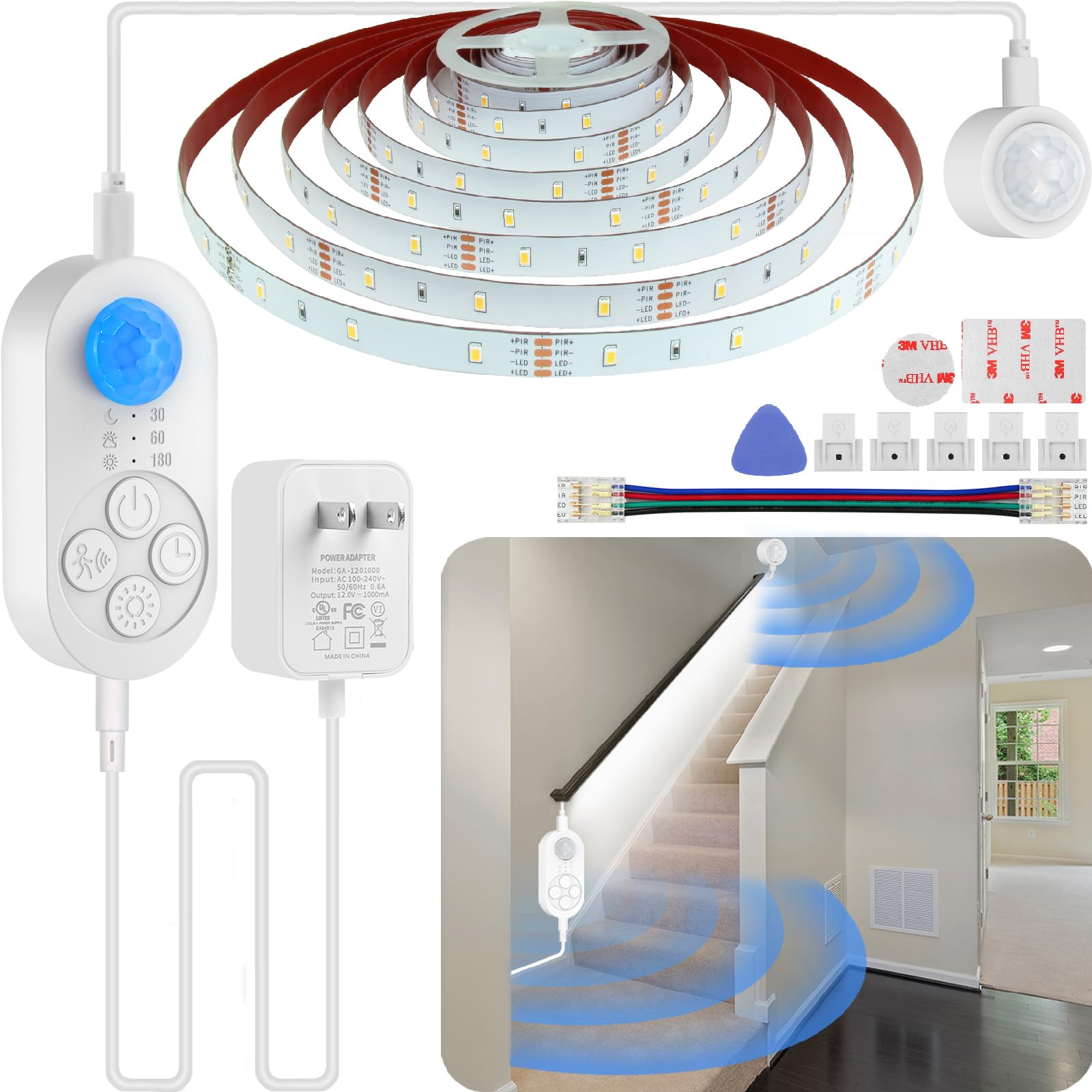 Dual Sensor Stair Lights Indoor, Step Lights Indoor Plug-in Night Light For Double Bed Cold White 6000K Super Bright with 12V Adapter, Dimmer and Delay Timer for Stairway, Double Bed, Corridor