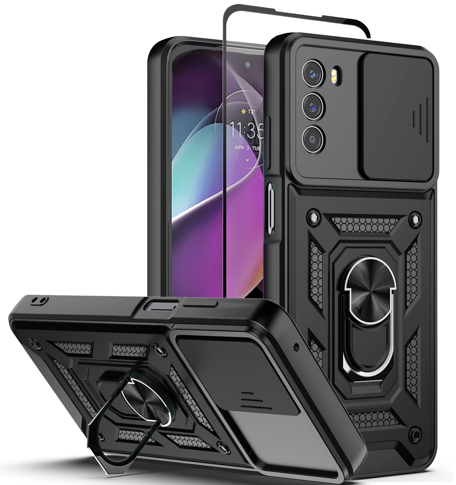 Dretal for Moto G 5G 2022 Case, Motorola G 5G 2022 Case with Kickstand Ring and Camera Cover with Tempered Glass Screen Protector, Military Grade Shockproof Protective Cover (TC-Black)