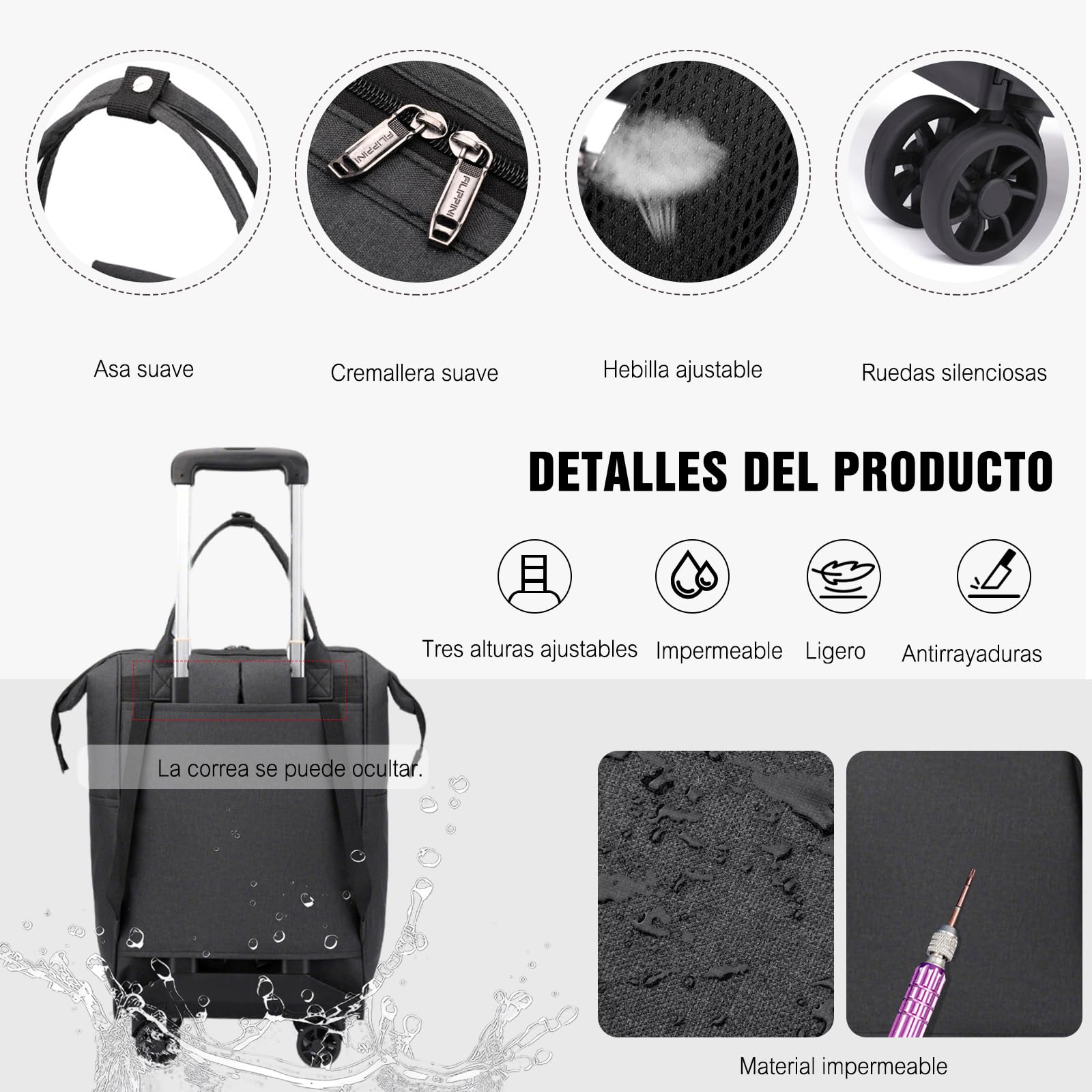 FANDARE 3-en-1 Mochila Carrito Convertible Carro de Compras Plegable & Equipaje de Cabina Hombre Mujer Carritos de la Compra, Bolsa de Viaje Ligera Negocios (Tamaño Aprobado por aerolíneas) Negro