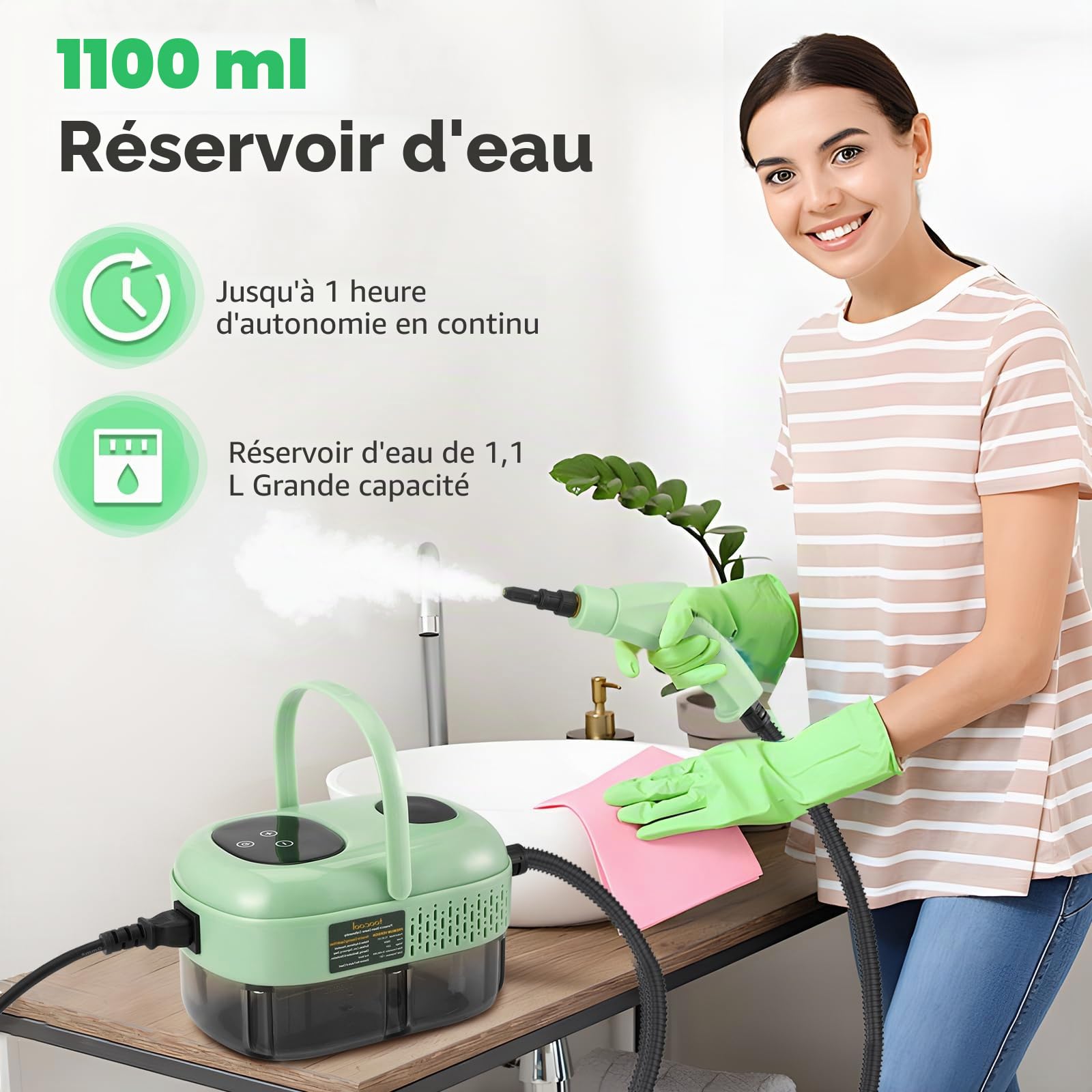 Nettoyeur vapeur portable 2500 W, 1100 ml, nettoyeur vapeur haute pression avec 3 têtes de brosse, nettoyeur vapeur manuel multifonction pour meubles de cuisine, salle de bain, voiture (nouveau vert)