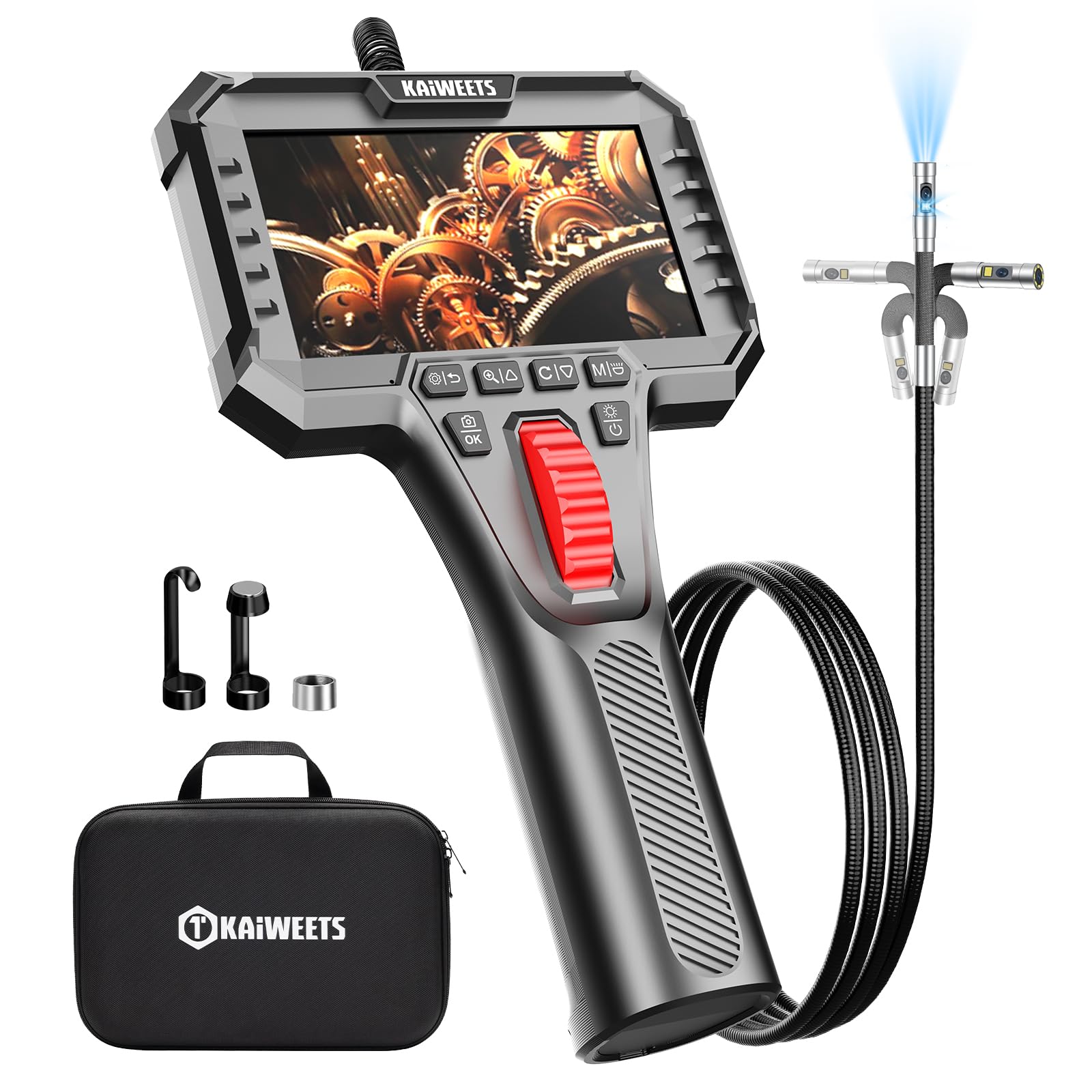 KAIWEETS Endoskopowa kamera ze światłem, przegubowa podwójna soczewka 210° ze sterowaniem kołem, cienka sonda 6,5 mm, wyświetlacz IPS 1080P, półsztywny kabel 1,6 m, wodoodporny IP67 do motoryzacji i
