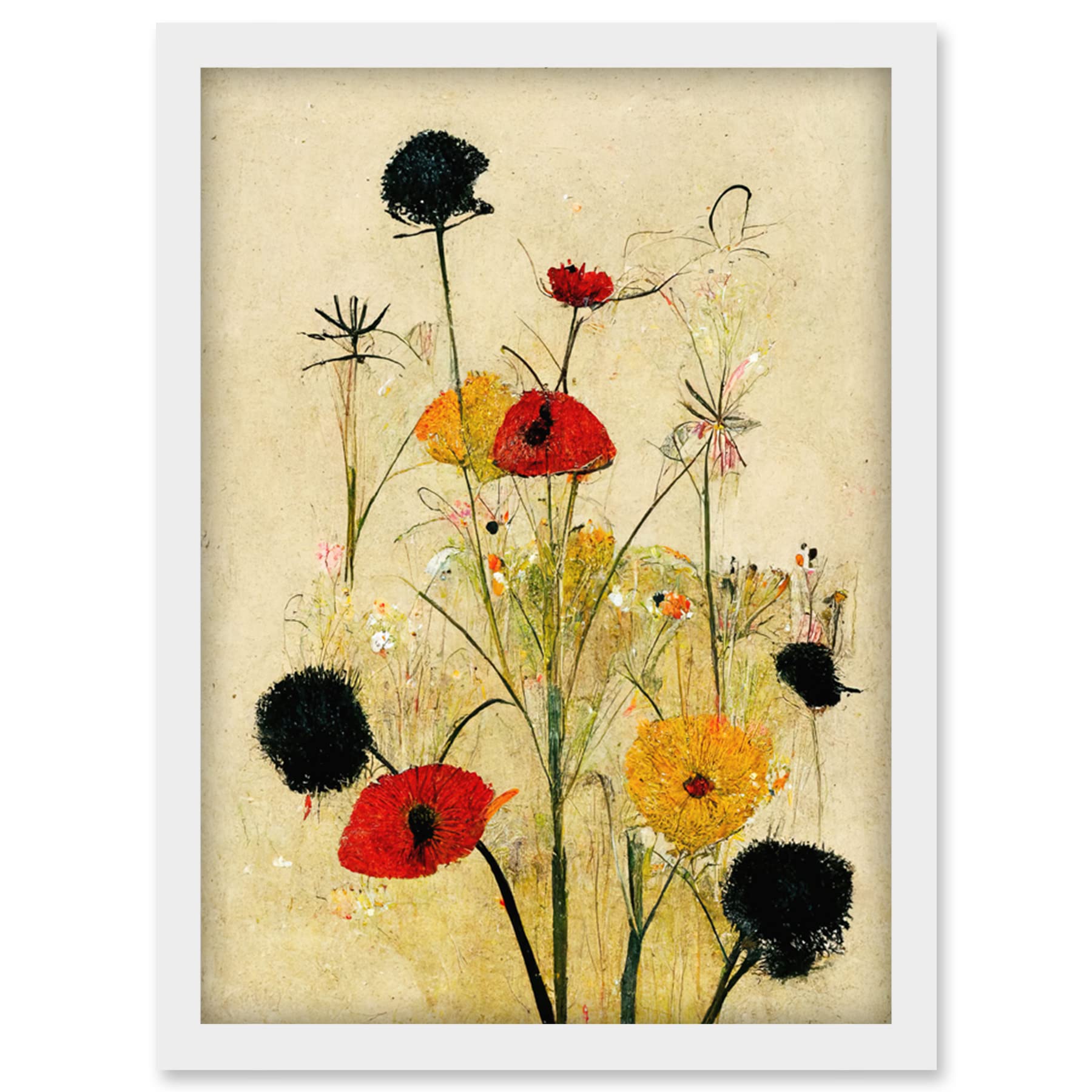A4 Framed Wall Art Print - Red Poppies And Yellow Marigolds Wild Flowers Artwork - Artery8