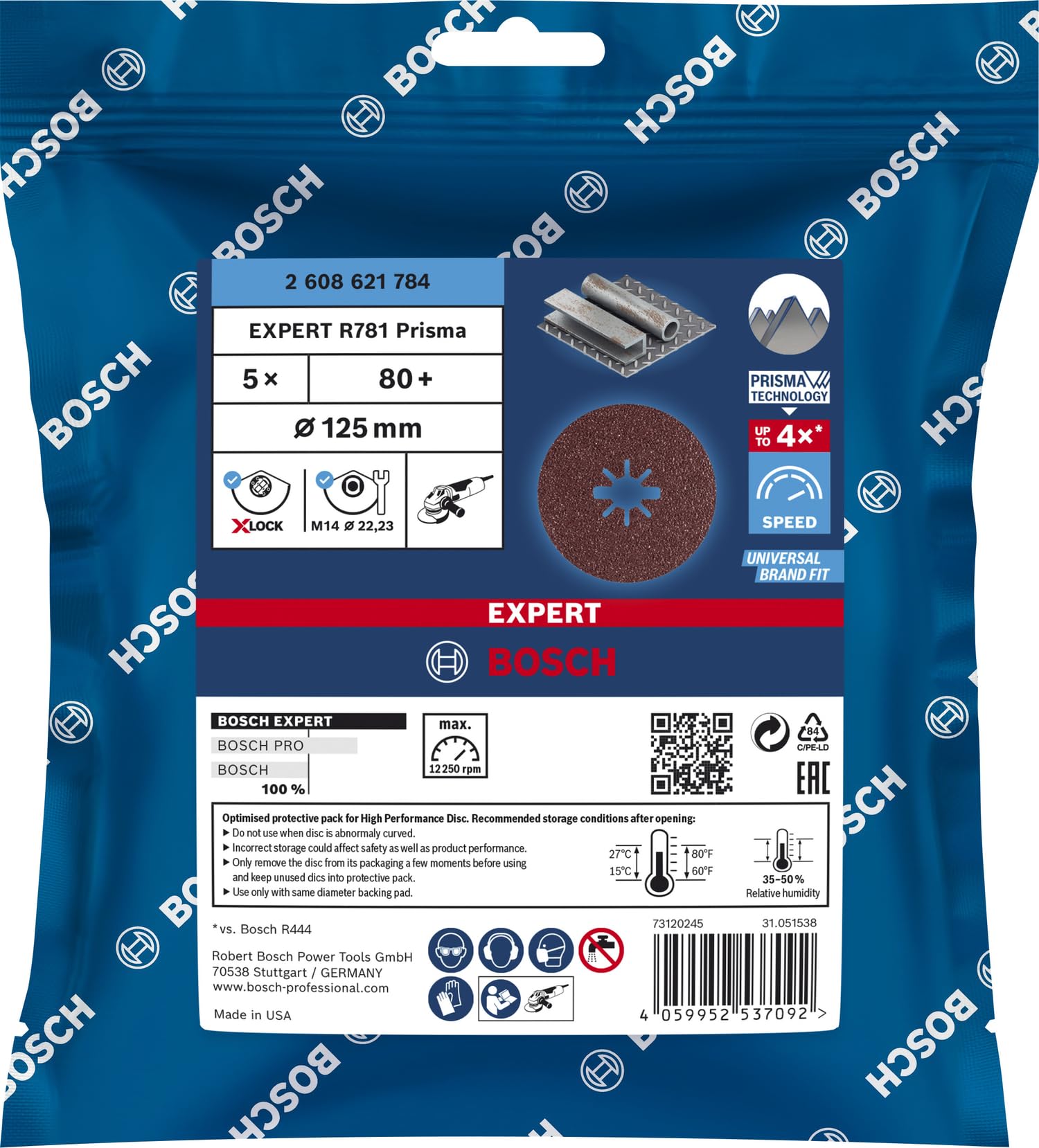 Bosch 5x Disques sur fibre céramique X-LOCK Prisma EXPERT R781 (pour Acier, Tôles en acier inoxydable, Ø 125 mm, Grain 80, Professional Accessoire Petite meuleuse angulaire)