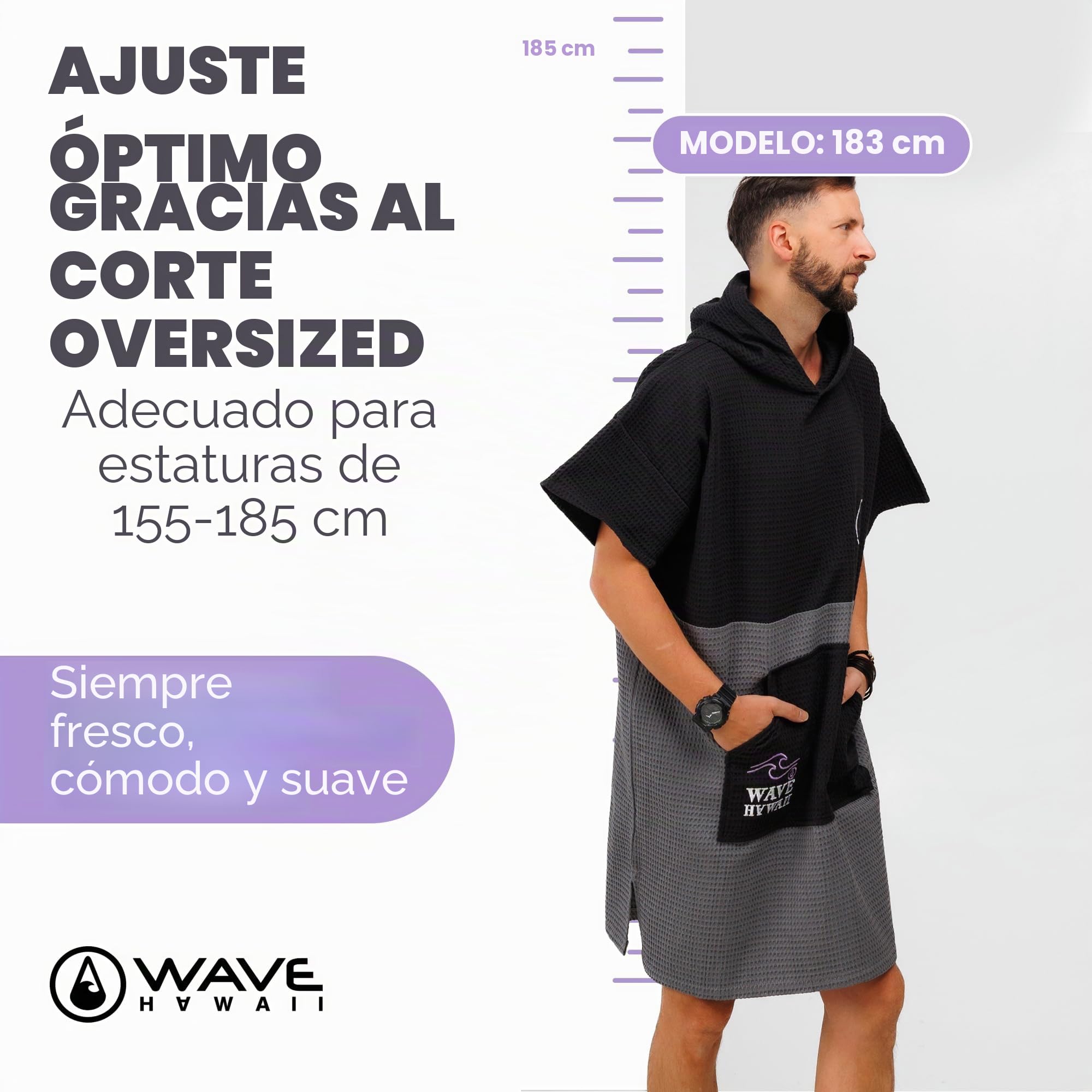 WAVE HAWAII Travel-Poncho de baño para hombre y mujer, S-M, 151-183 cm | 100% algodón, poncho de surf para adultos, toalla de rizo con alta absorción de agua, ayuda para cambiar la playa, adultos
