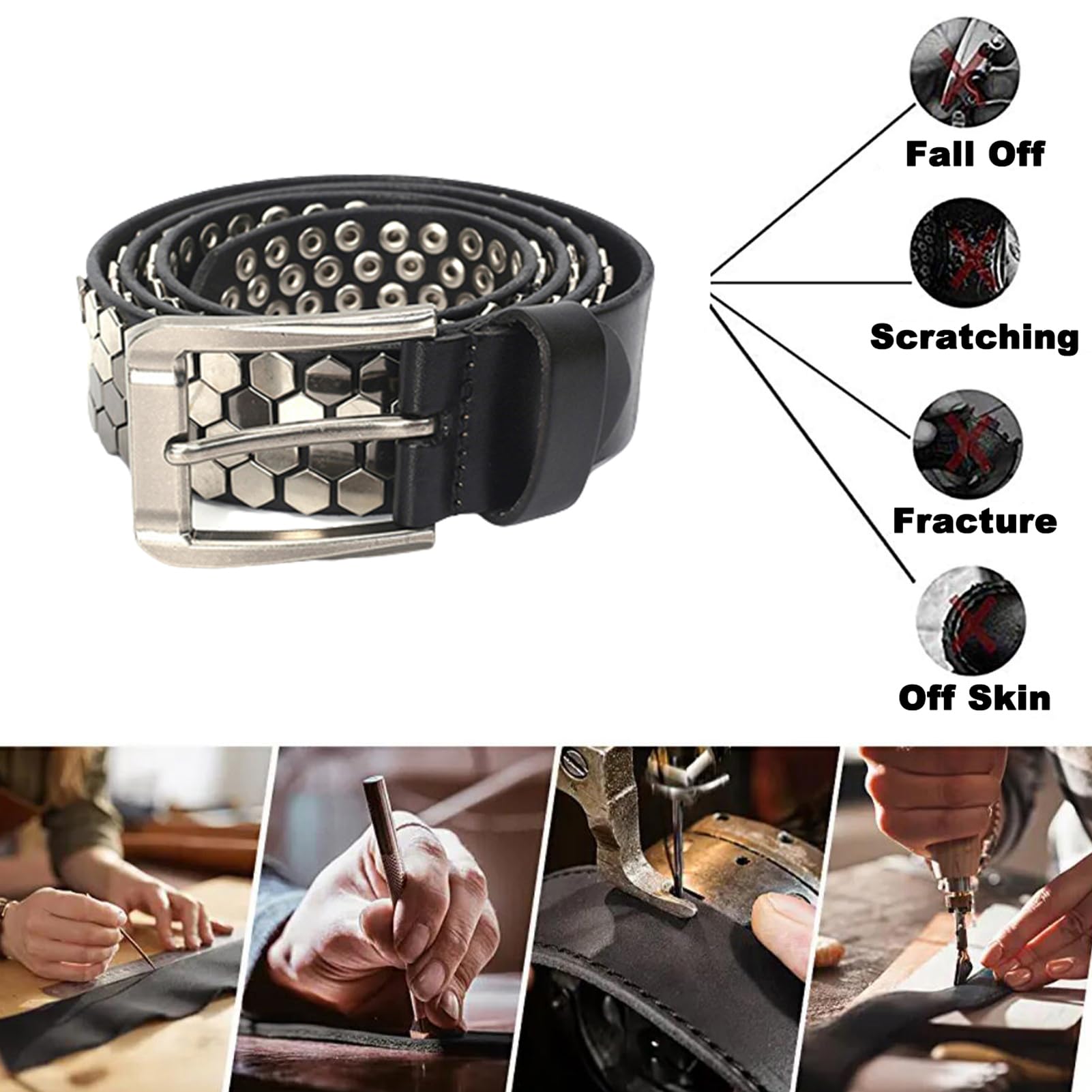 Ceinture en Cuir à Rivets Tendance Motif Clouté Style Punk Rock Boucle à Griffes Réglable Ceinture Décontractée(110cm/waist:37", Black)