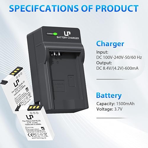 Miniatura 4 de LP Paquete de cargador de batería EN-EL12, paquete de 2 baterías de 1500 mAh para Nikon Coolpix A1000, B600, Coolpix AW130, A900, W300, S1200pj,
