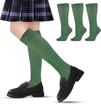 Classic Girls Cable Knit Knee socks, Combed Cotton Knee High Uniform Socks Soft 3 Pair Pack, Cozy Girls School Uniform Socks