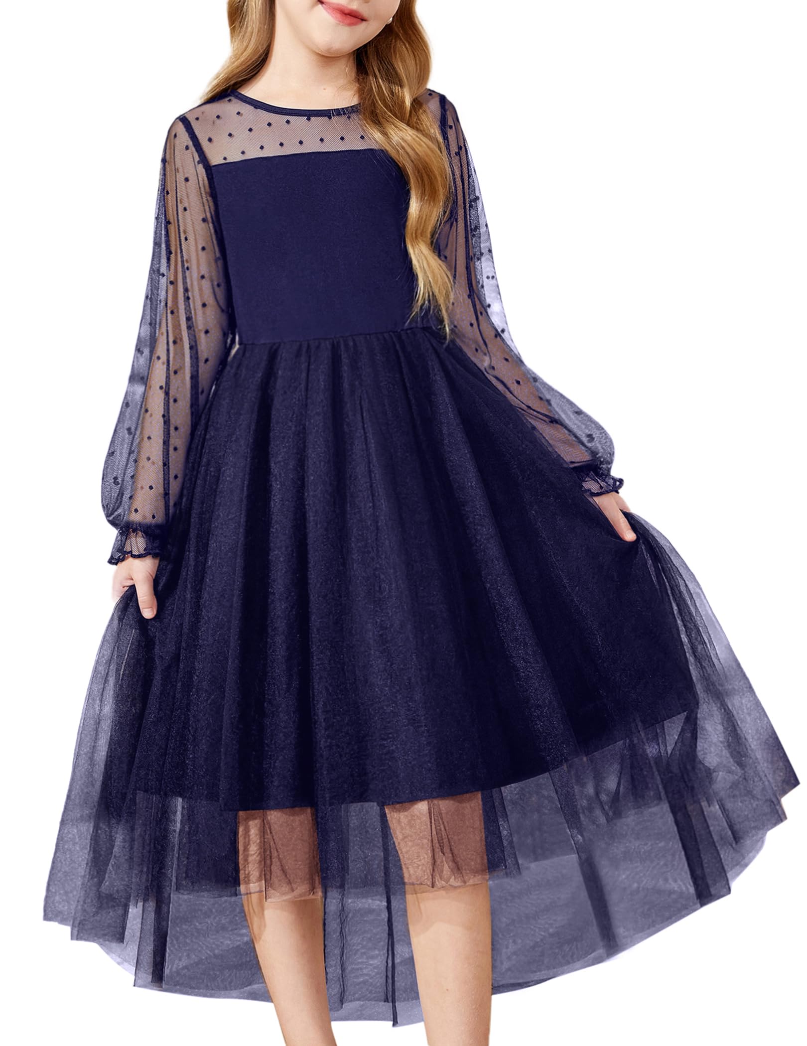 Arshiner Kleid Mädchen Festliches Langarmkleid Kinder Mesh Tüllkleid | High Low Partykleid,Hochzeit Blumenmädchenkleider,Kommunionkleid,Halloween,Weihnachten,6-16Jahre