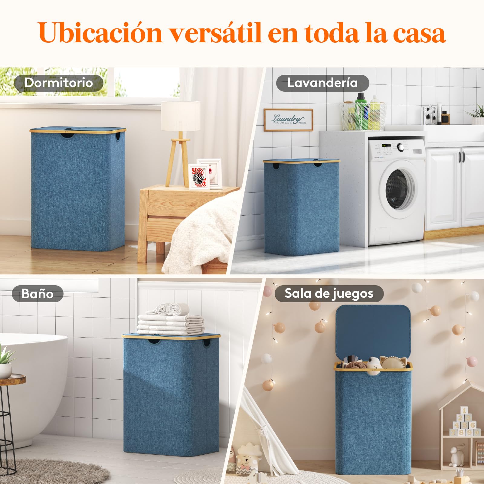 Lifewit 150L Cesto Ropa sucia con Tapa, Grande Cesto para la Ropa sucia, Cubo ropa sucia, 3 Compartimentos, clasificador de Ropa con Asas de bambú y 3 Bolsas para la colada extraíbles, Azul