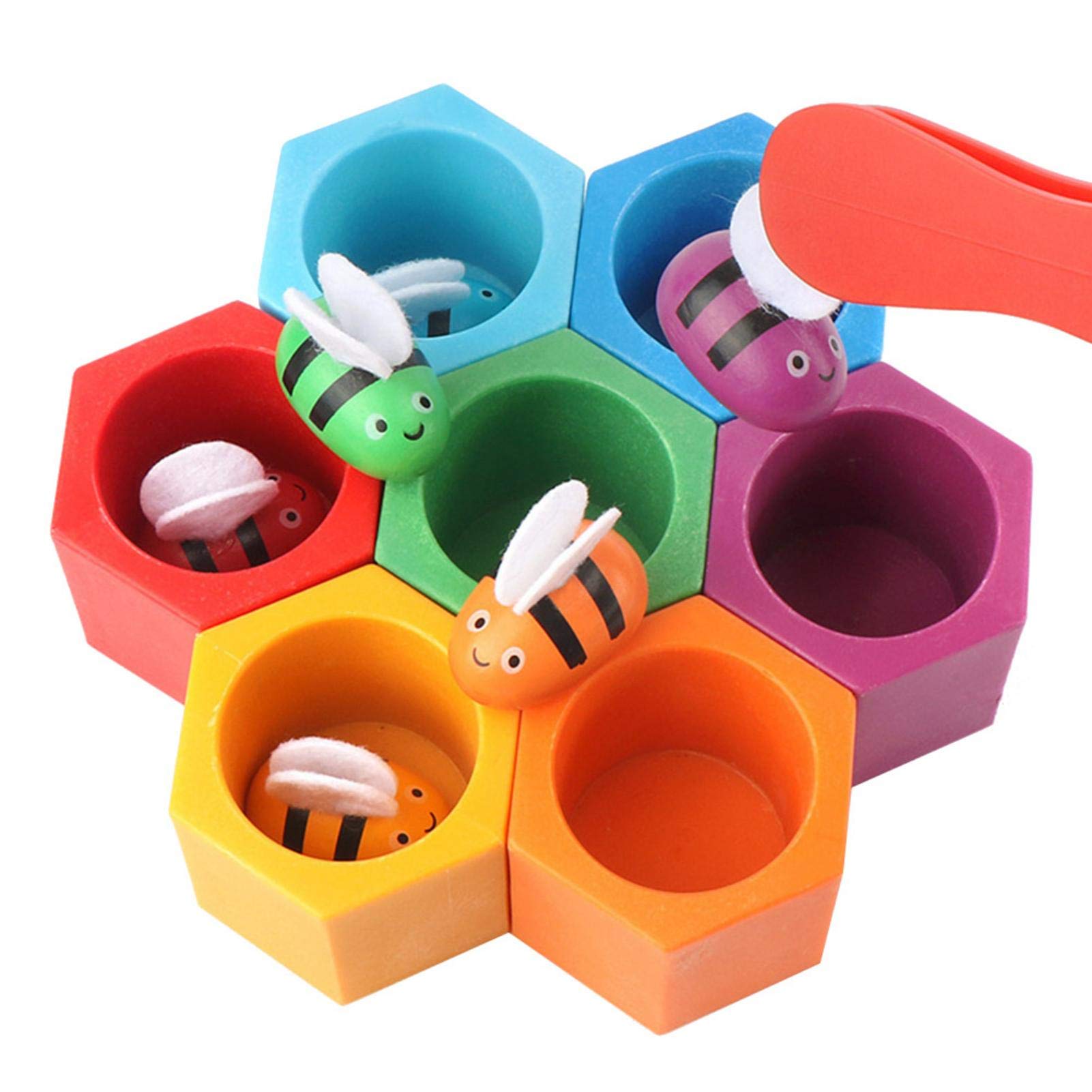 XzblingWooden Bee Toy Set, Hive Color Matching Educational Puzzle Toy Bee Hive Matching Game Wooden Color Sorting Toy Kids Preschool Learning Toy with Clip for Baby Kids