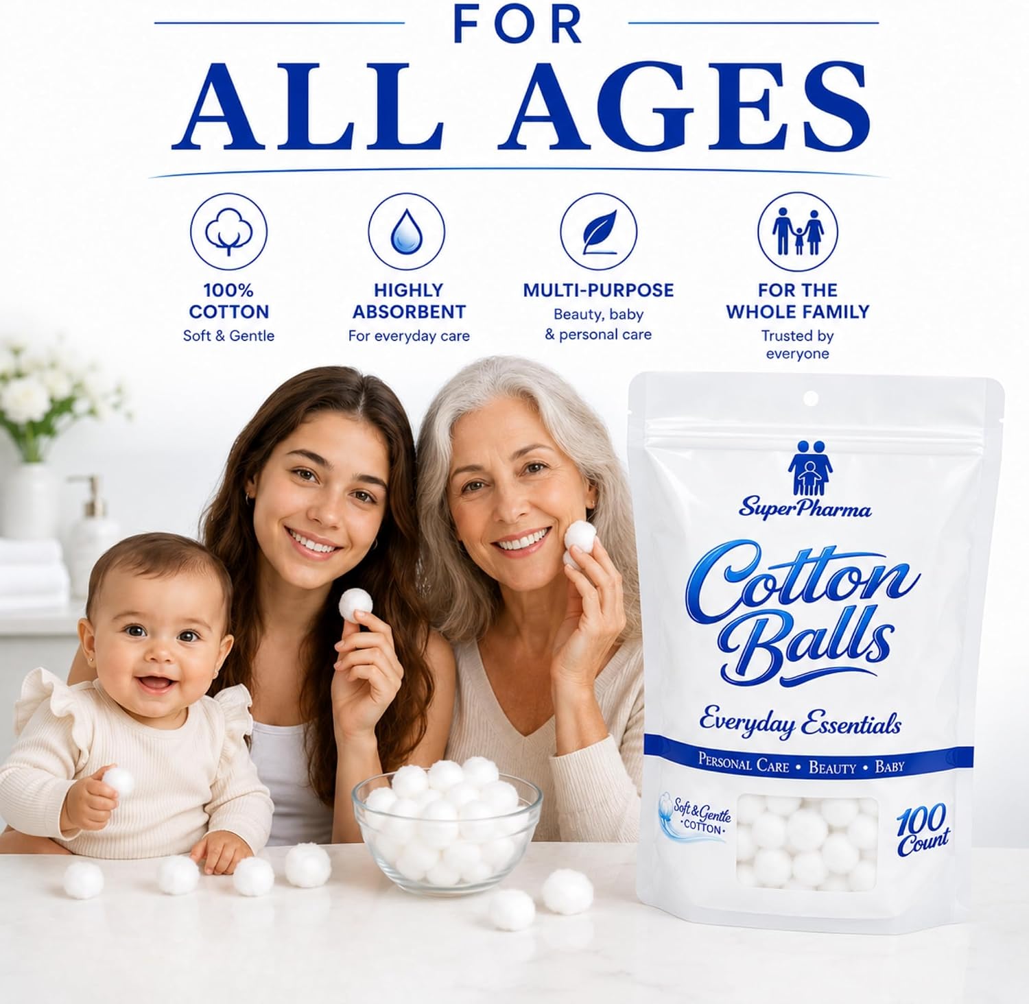Cotton Balls, 400 Count (4 Pack), Bulk Value Pack, Premium Cotton, Soft & Highly Absorbent for Makeup Removal, Facial Cleansing & First Aid, Manufactured in Miami, Florida, USA, SuperPharma