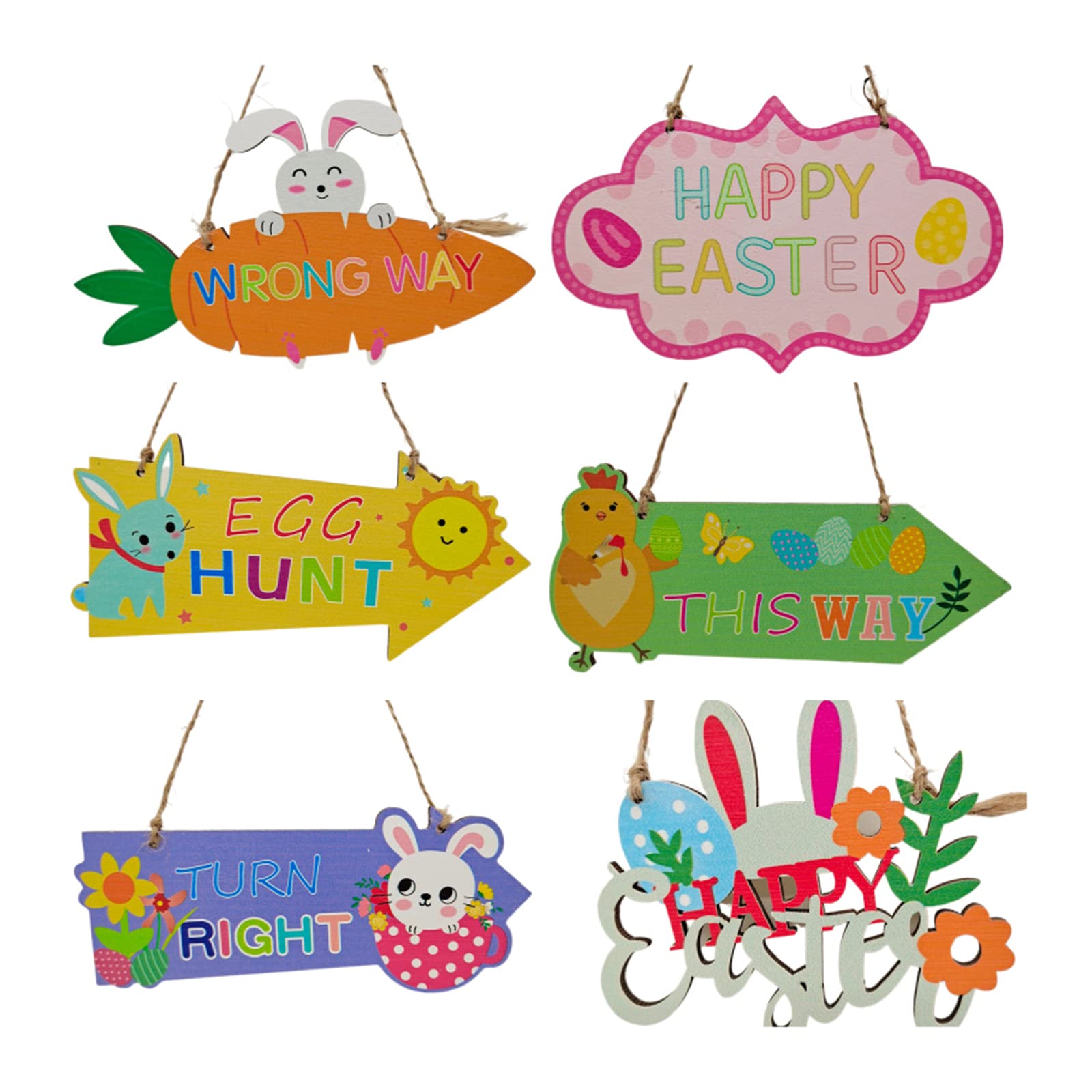Kalttoy Multicolor 6Pcs Happy Easter Sign Wooden Hanging Eggs Ornaments Wall Door Decorative Hanger Home Decoration Photo Prop Wooden Hanging