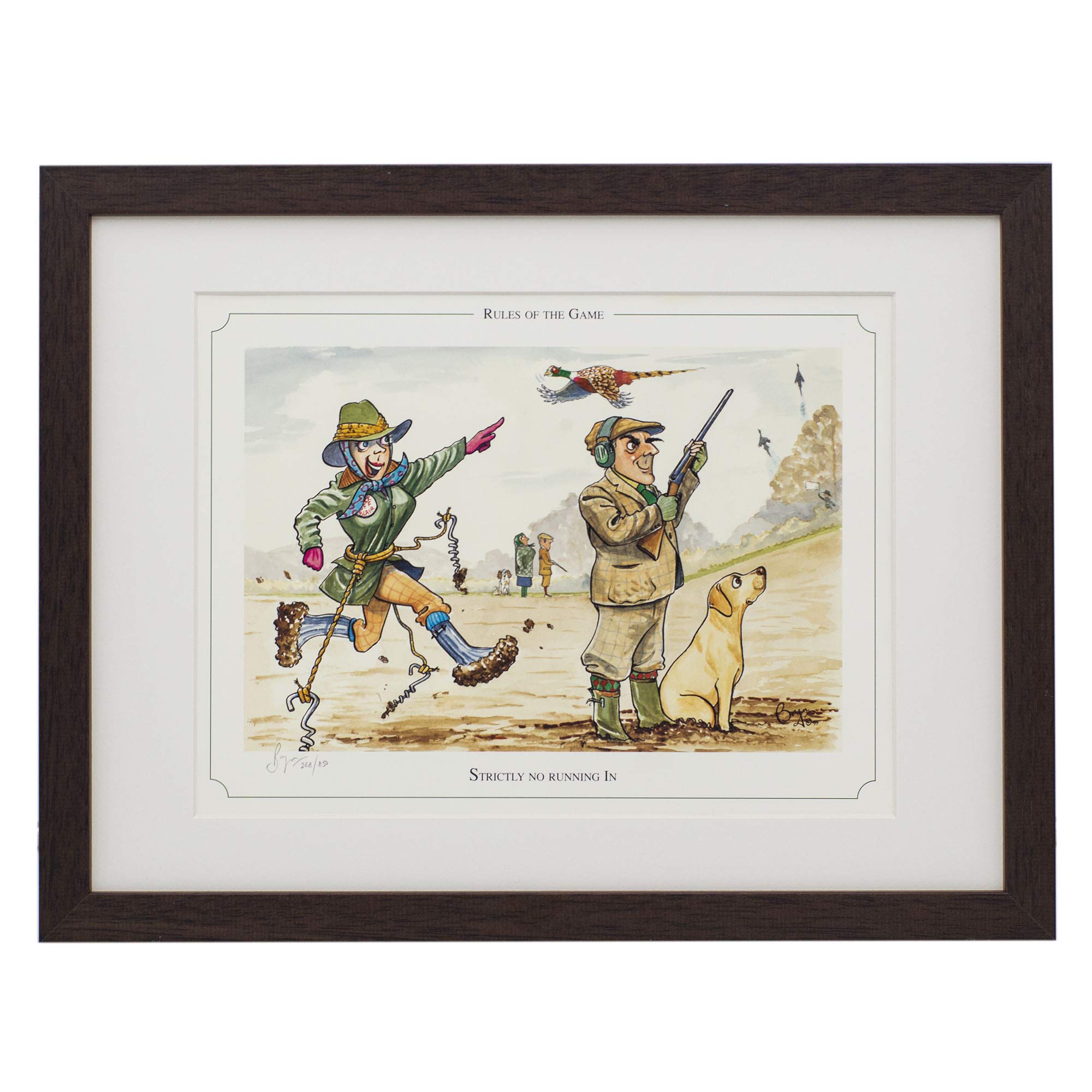 Shooting or hunting themed, cartoon, limited edition and signed original print. Strictly No Running In by Bryn Parry