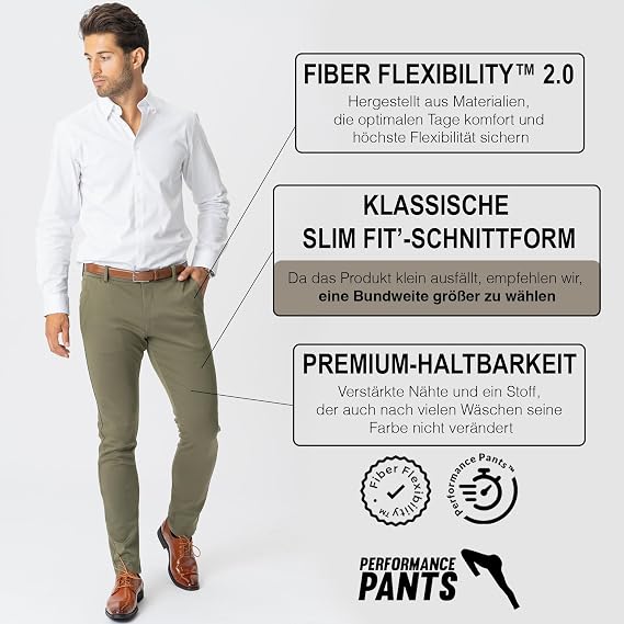 Performance Pants Men's Slim Fit Stretch Trousers Green M 32x34