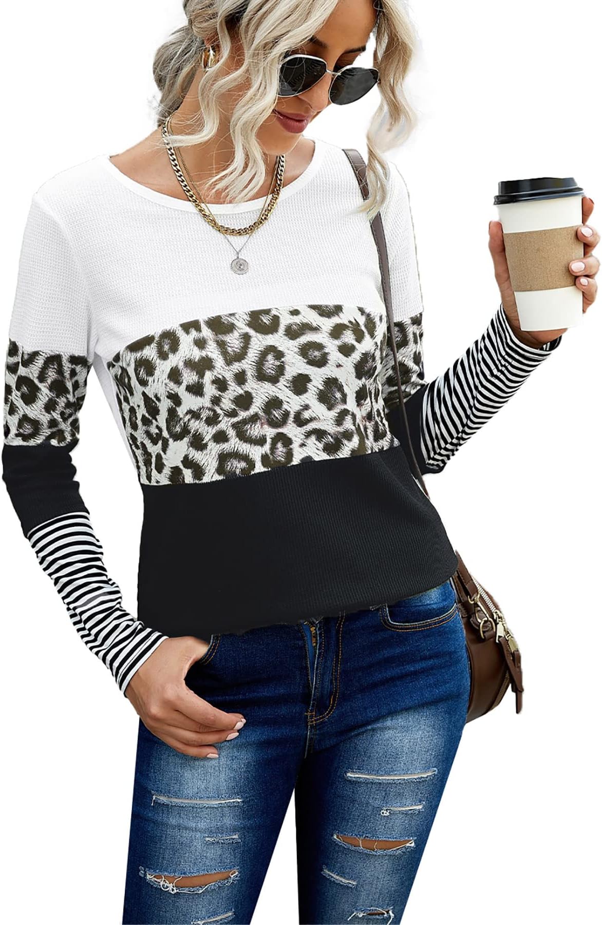 GOLDPKFLong Sleeve Crew/Henley Neck Tops Lightweight Jumpers Loose Fit Casual T Shirts