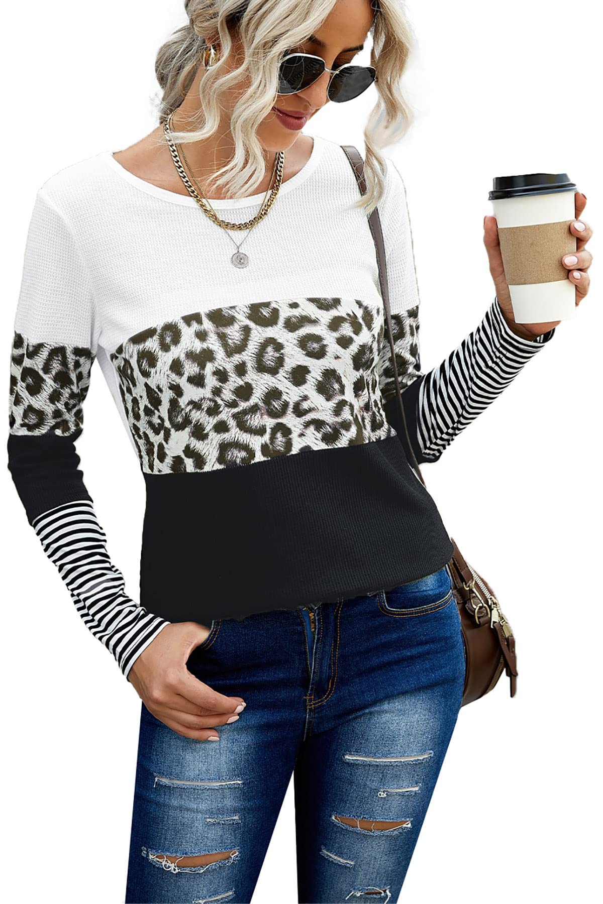 GOLDPKFLong Sleeve Crew/Henley Neck Tops Lightweight Jumpers Loose Fit Casual T Shirts