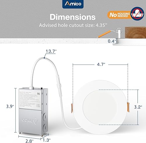 Miniatura 6 de Amico ETL&FCC - Paquete de 24 luces LED empotrables ultrafinas de 4 pulgadas con caja de conexiones, 2700K3000K3500K4000K5000K seleccionable, 10W