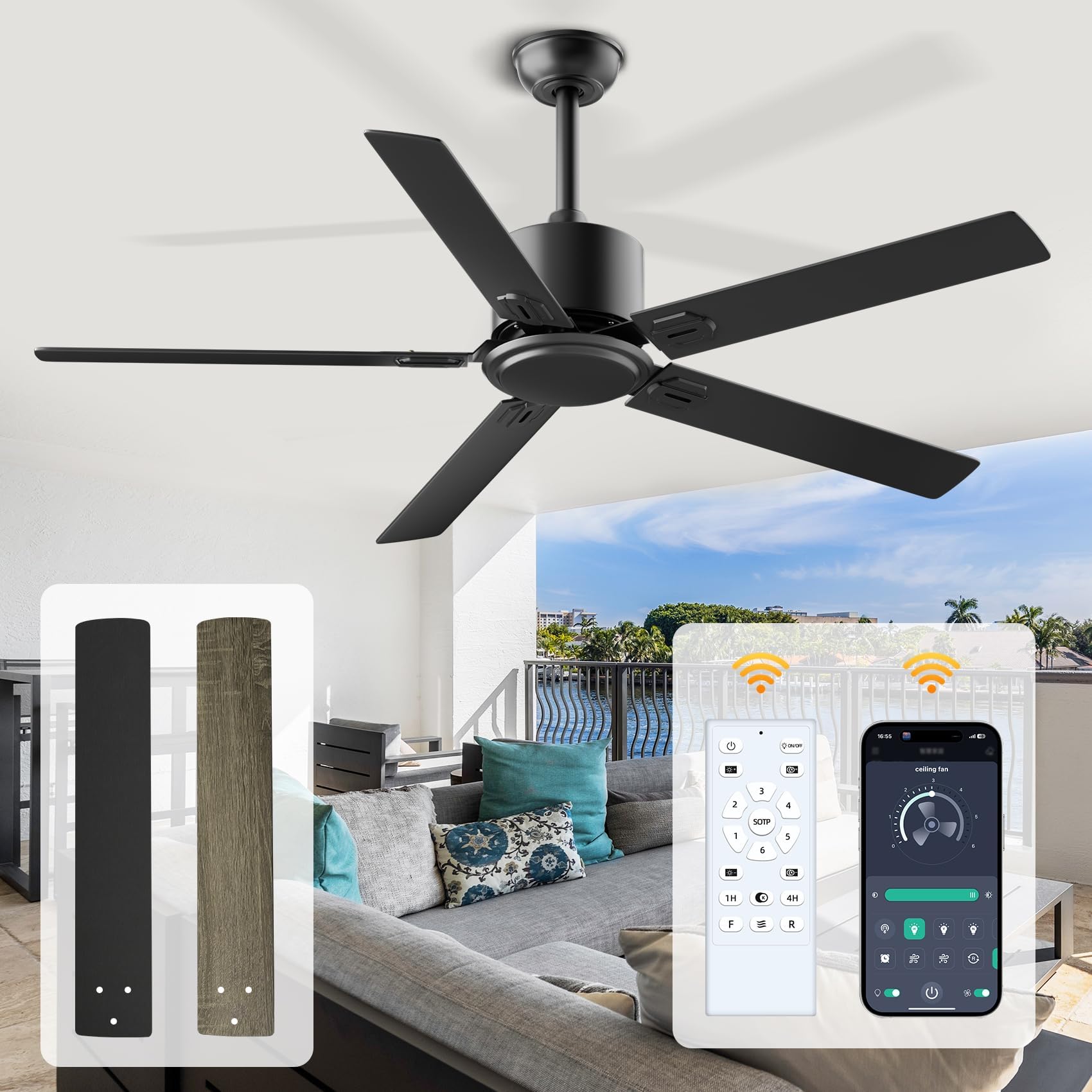 60 Inch Outdoor Ceiling Fan No Light - Modern Flush Mount Low Profile DC Motor Fan with App and Remote Control, 5 Blades Reversible Silent Fan for Patio, Bedroom, Living Room, Garage