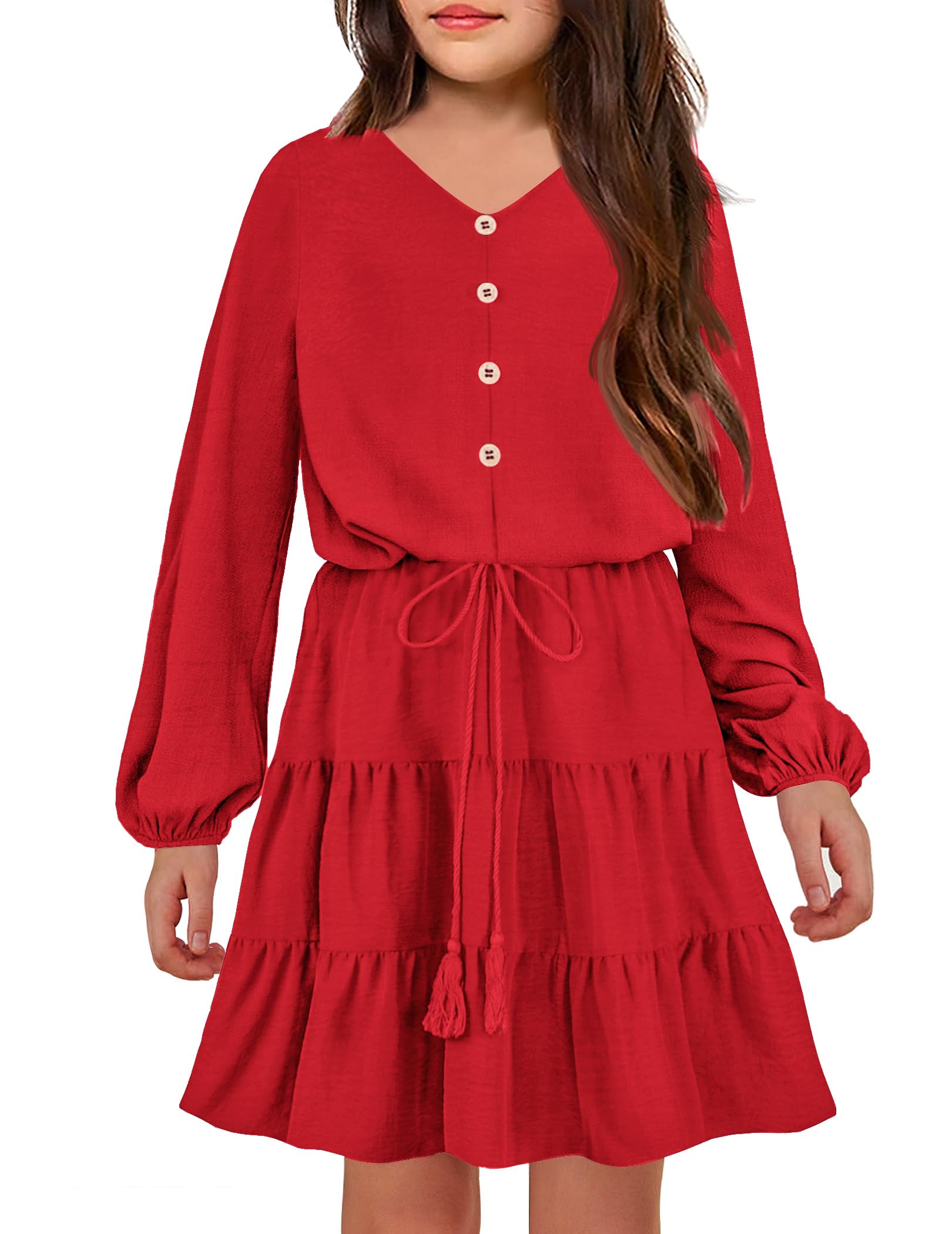 Arshiner Tween Girls Dresses Fall Long Sleeve Ruffle Tiered Boho Dress with Belt