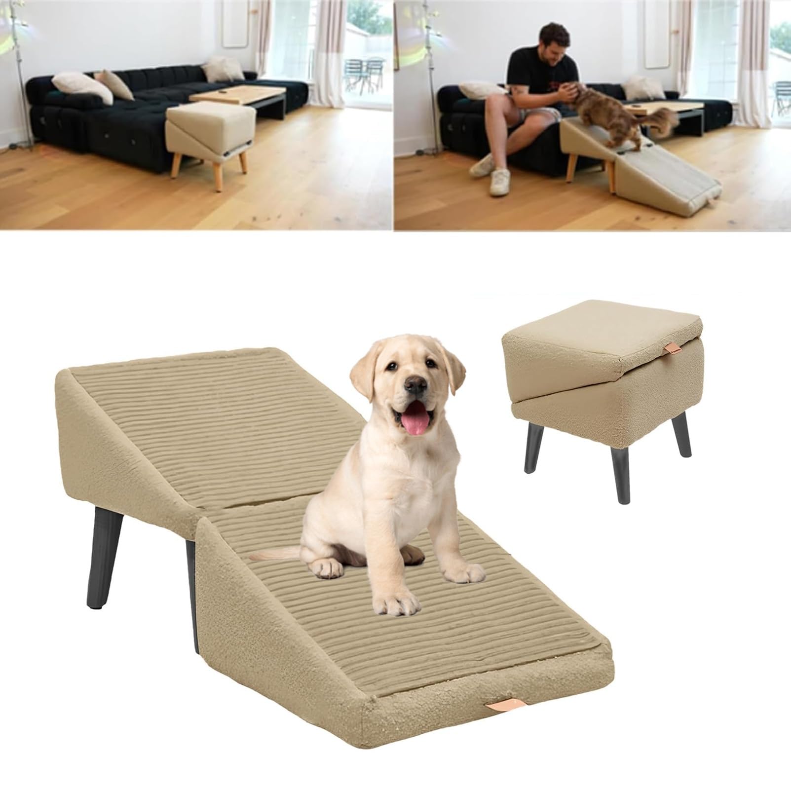 Rampe pour Chien Ottomane Divisée Tout-en-Un Pliable, Escalier Multifonction pour Chiens Grande et Petite Taille (Khaki)