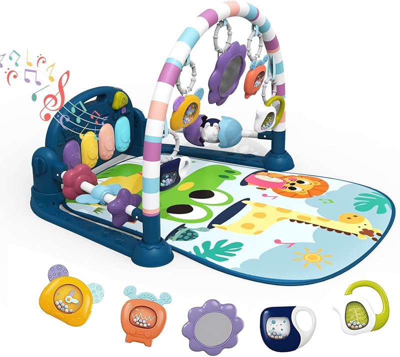 dearlomum Blue Giraffe Theme Baby Play Mat Gym with Kick & Play Piano | Tummy Time Activity Mat with 5 Infant Sensory Toys, Music and Lights, Boy & Girl Gifts for Newborns 0 to 3 6 9 12 Months