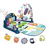 dearlomum Baby Play Mat Gym, Funny Play Piano Tummy Time Activity Mat with 5 Infant Sensory Toys, Music and Lights, Boy & Girl Gifts for Newborns 0 to 3 6 9 12 Months（New Blue）