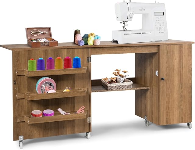 Giantex Folding Sewing Cabinet with 3 Storage Bins, Side Cabinet, Interior Shelf, Rolling Sewing Machine Cabinet Craft Station Desk with Lockable Wheels for Apartment Small Spaces, Light Brown