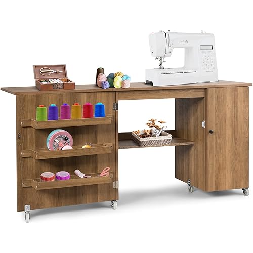 Giantex Folding Sewing Cabinet with 3 Storage Bins, Side Cabinet, Interior Shelf, Rolling Sewing Machine Cabinet Craft Station Desk with Lockable Wheels for Apartment Small Spaces, Light Brown