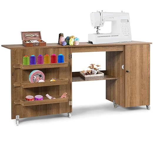 Giantex Folding Sewing Cabinet with 3 Storage Bins, Side Cabinet, Interior Shelf, Rolling Sewing Machine Cabinet Craft Station Desk with Lockable Wheels for Apartment Small Spaces, Light Brown