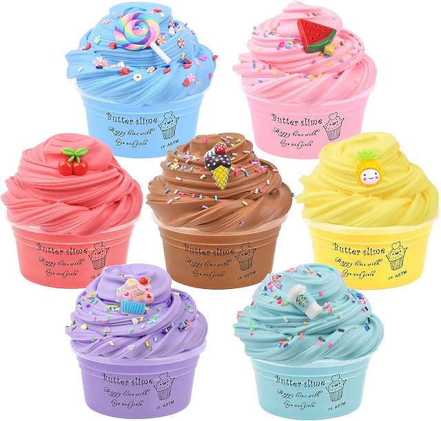 7 Pack Mini Butter Slime Kit,with Watermelon, Ice Cream and Cake Slime Etc, 7 Color Slime and Slime Charms,Soft and Non-Sticky,DIY Scent Slime Party,Stress Relief Sludge Toy for Boys and Girls