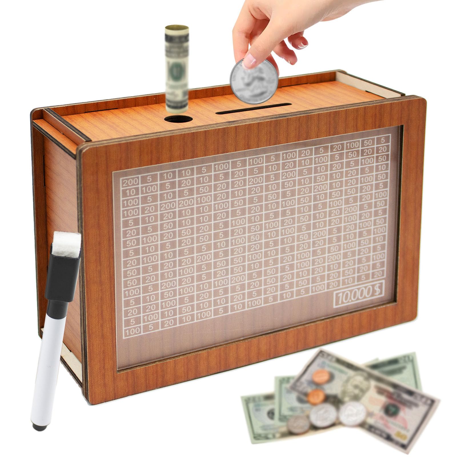 Money Saving Box Piggy Coin Bank For Adults Savings Challenge Goals Pot Jar, Cash Vault Money Box Saver With Counter & Dry Erase Pen ($10000)