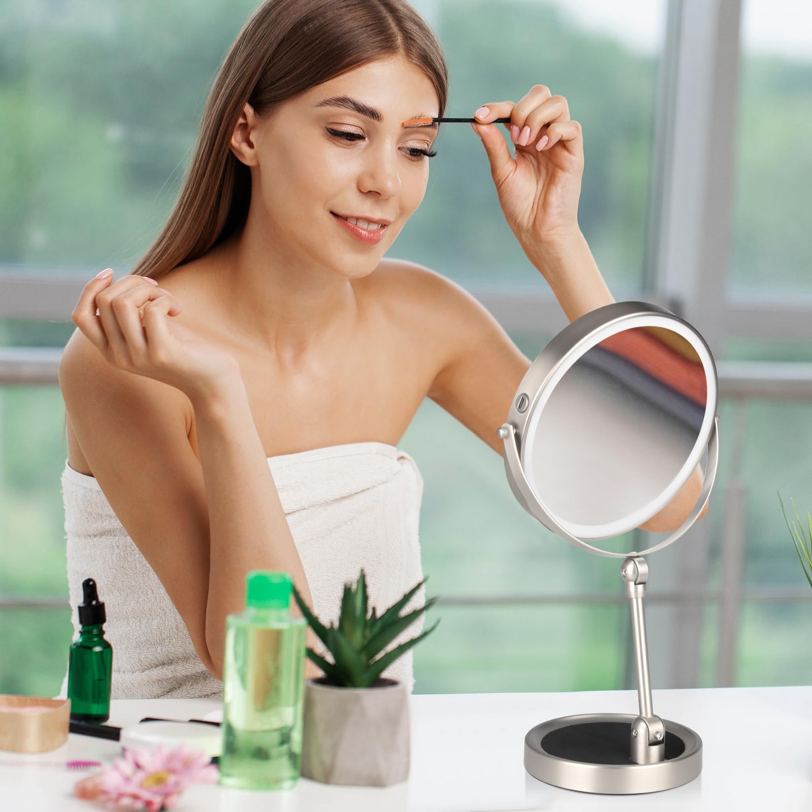 Espejo de aumento con luz, espejo de escritorio ajustable en altura, espejo de maquillaje iluminado de doble cara 1x/10x, espejo de tocador giratorio de 8 pulgadas con soporte de brillo ajustable