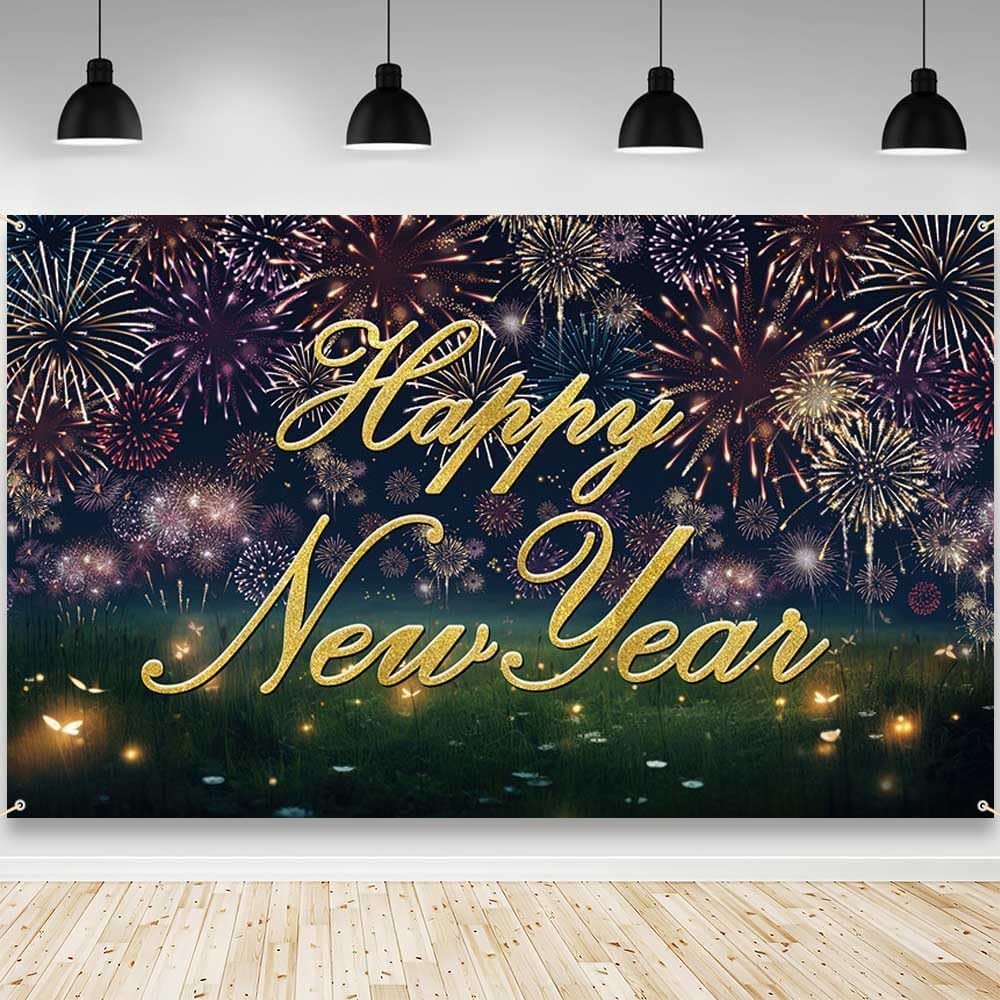 Happy New Year Backdrop 2025 New Years Photography Background Firework New Years Eve Annual Party Decorations Family Party Banner Photo Shoot Props 70.8 x 43.3 inch