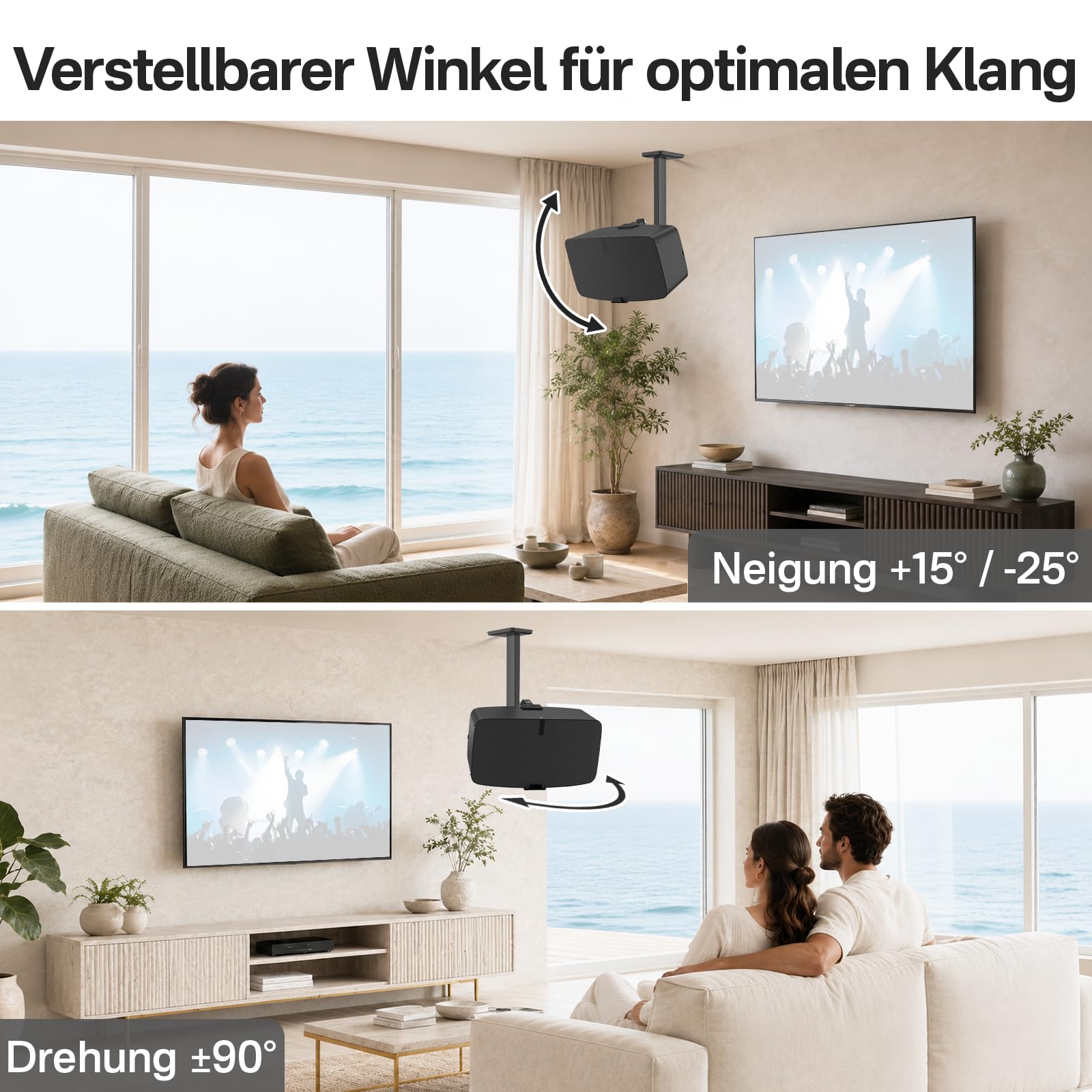 Supporto da soffitto per Sonos Five & Sonos Play 5 Gen 2, inclinabile e orientabile, robusto materiale metallico fino a 13,6 kg, con cuscinetti antigraffio, materiale di fissaggio a parete incluso