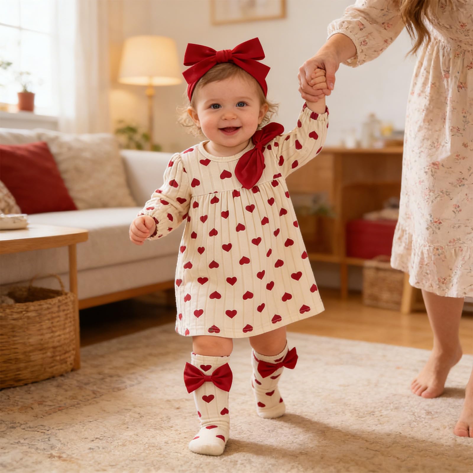 Ensemble 3 pièces pour bébé fille robe à manches longues bandeau à nœud et chaussettes Vêtements imprimés adorables pour bébés de 1 à 12 mois