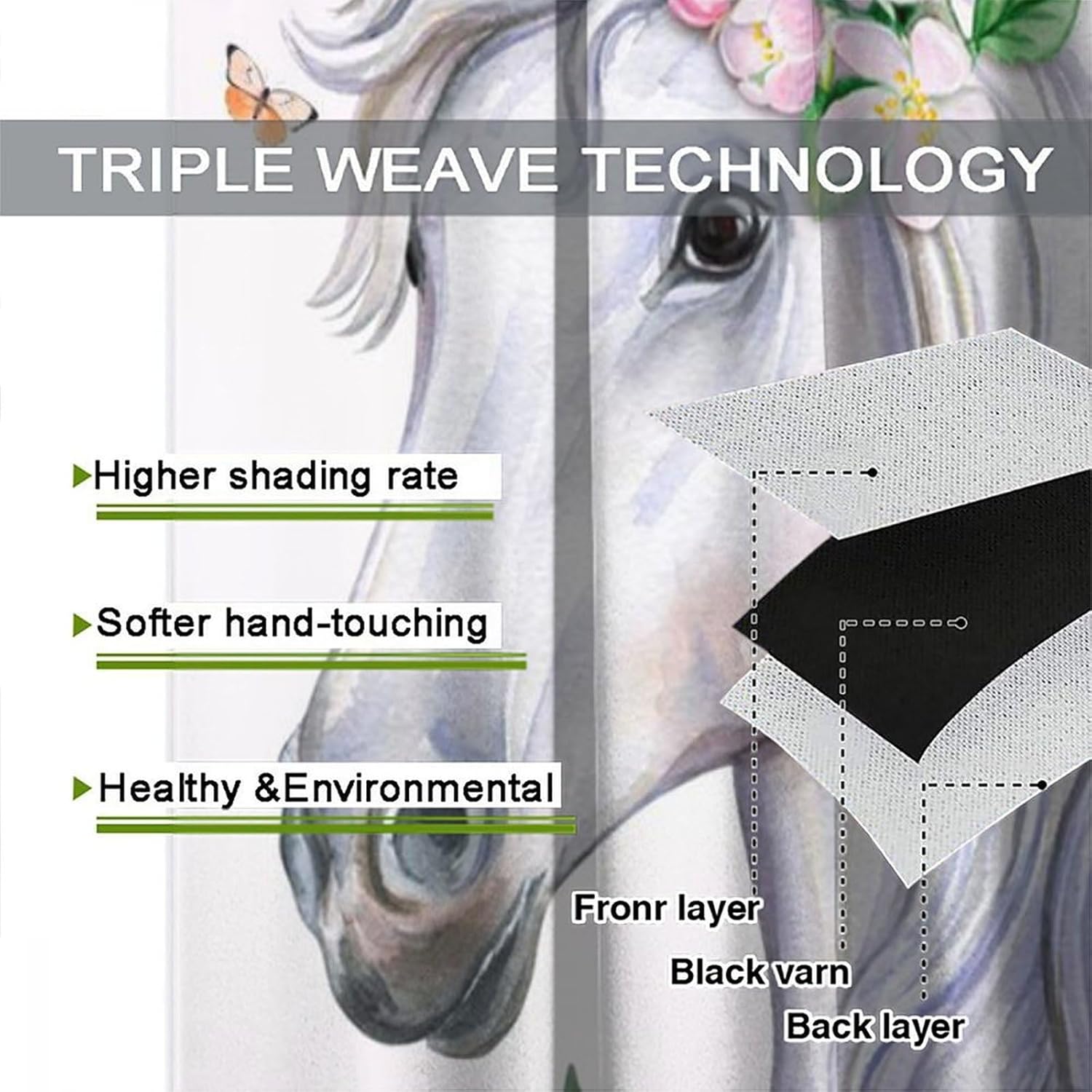 Cartoon Horse Blackout Curtains Watercolor Pink Flowers Butterfly Window Treatments for Kids Boys Girls Baby Bedroom Nursery Toddler Home Rod Pocket Drapes 2 Panels 42x63 Inch