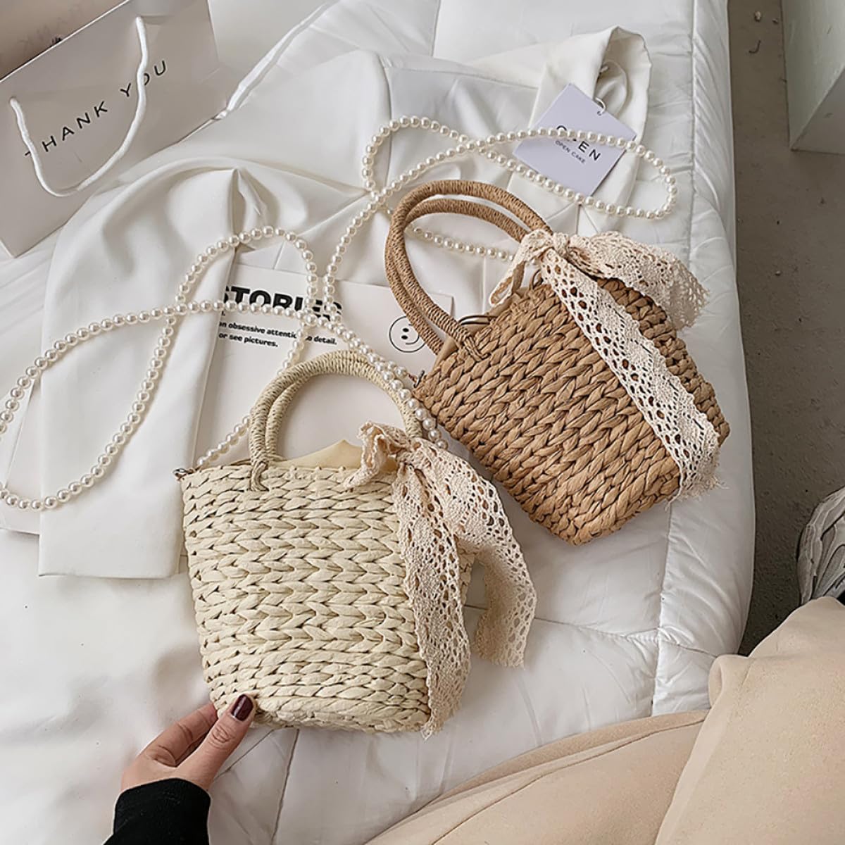 Abaodam Borsa Tracolla Donna in Paglia Beige con Decorazioni a Sfera, Borsa da Spiaggia per Party e Shopping, Funzionale per Storage e Design Raffinato